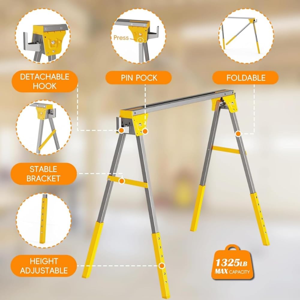 Heavy Duty Folding Sawhorses 2-Pack with 6 Height Adjustments S2464