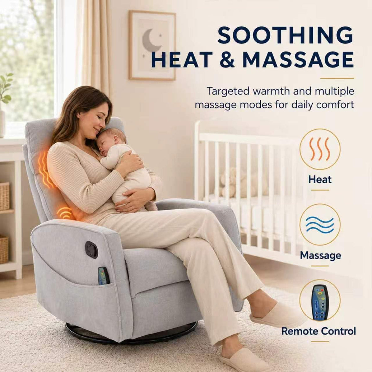 Small White Velvet Recliner Rocking Chair with Heat and Massage R3811