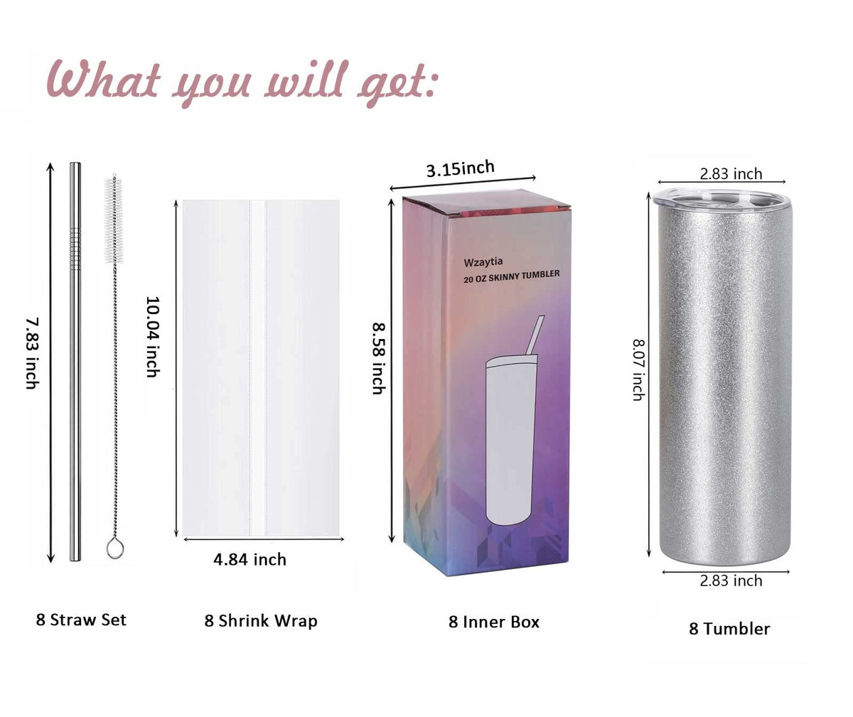 20 Oz 8 Pack Glitter Sublimation Skinny Tumblers Stainless Steel N775790