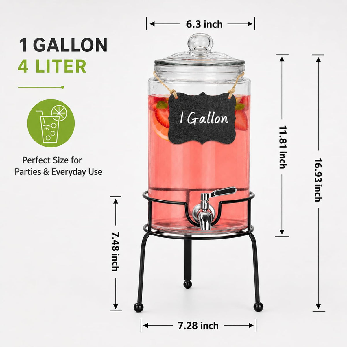 1 Gallon Clear Glass Beverage Dispenser with Stand J981418