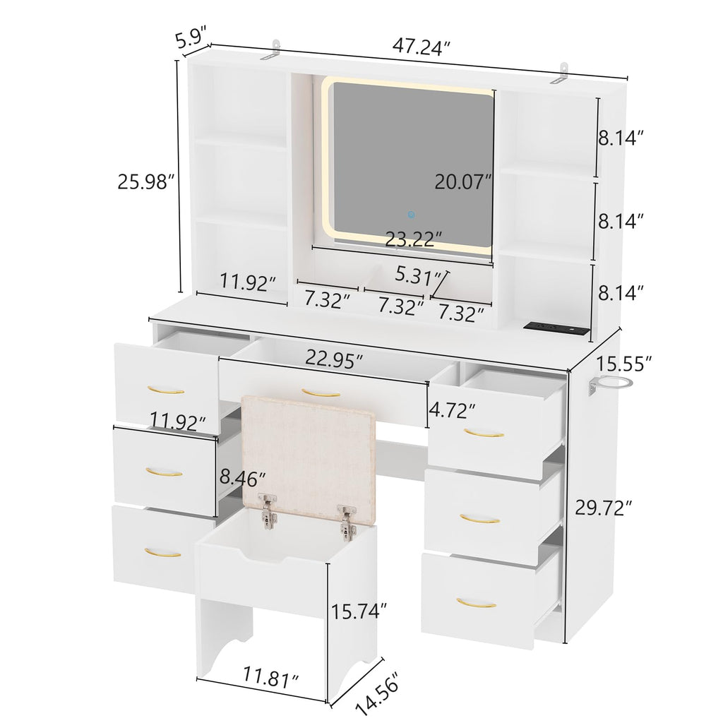 47" White Vanity Desk with Mirror and Lights L28127