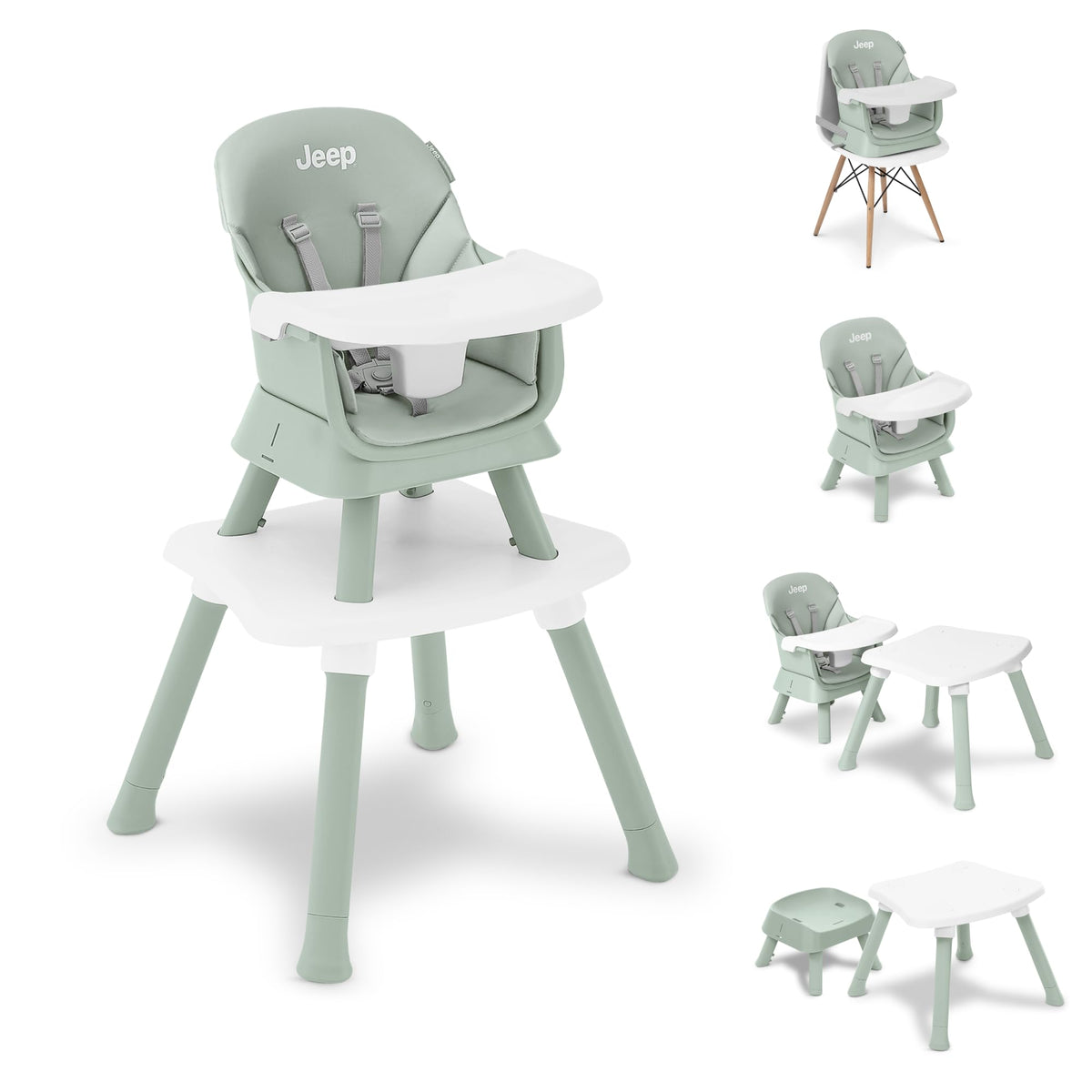 6-in-1 High Chair Converts to Stool Booster Seat Toddler Chair Activity Table and Desk and Chair Sage Green Q35311