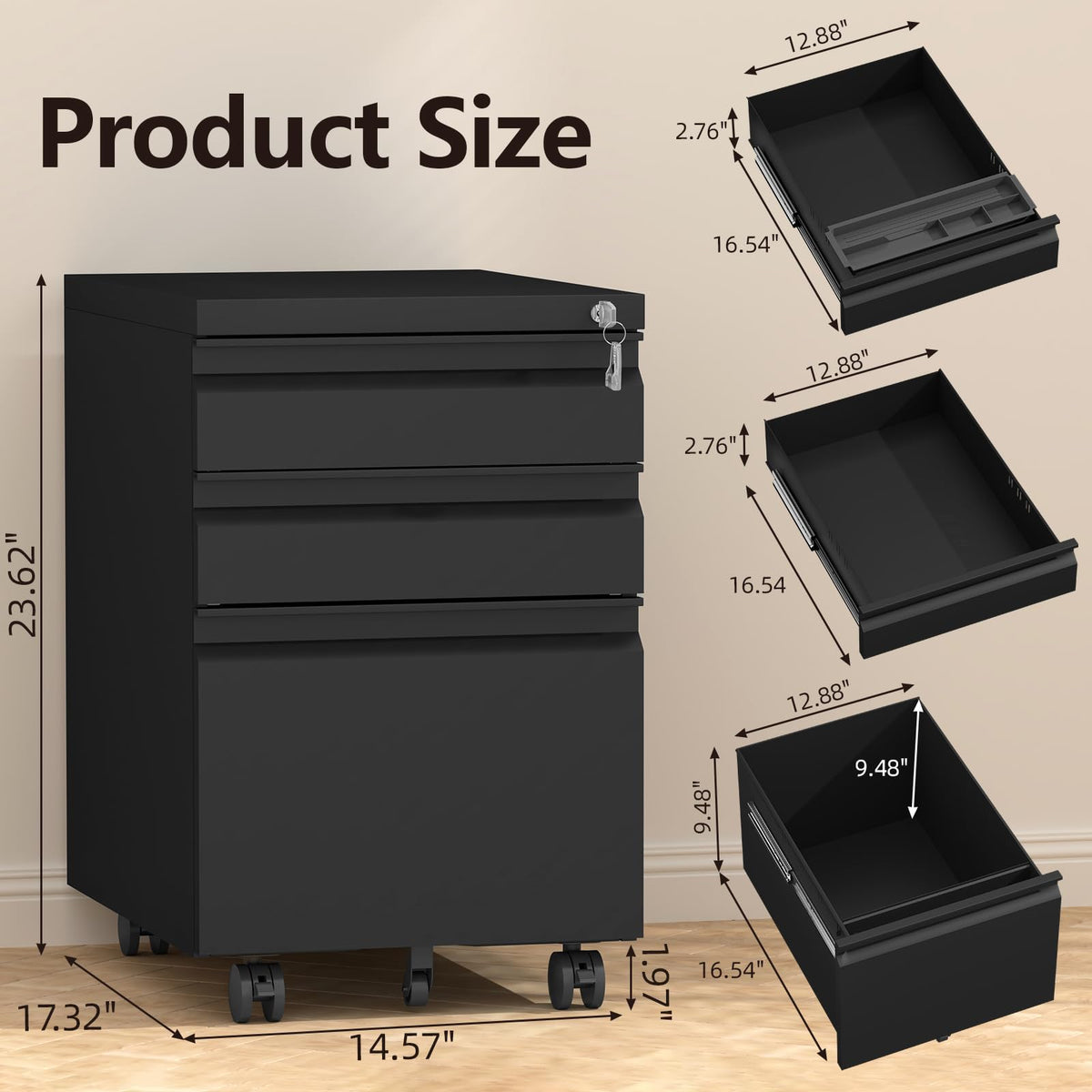 Black 3 Drawer Metal File Cabinet with Lock T3732