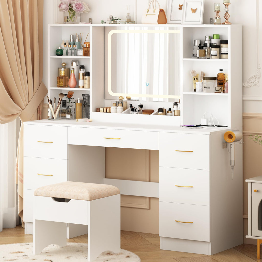 47" White Vanity Desk with Mirror and Lights L28127