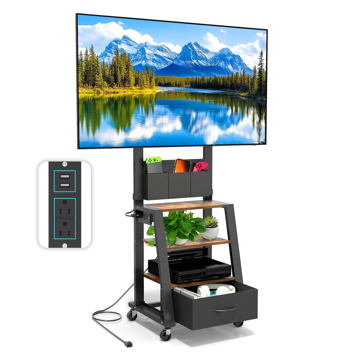 Rolling TV Stand with Power Outlet & 4-Tier Storage for 23-60 Inch Flat/Curved Screen V85031
