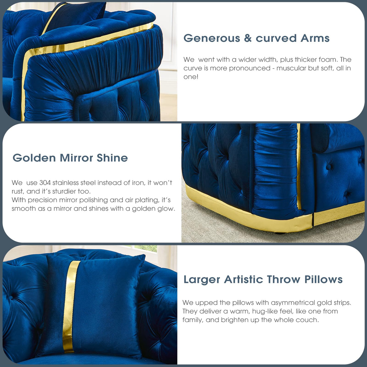 Navy Blue and Gold Velvet Sofa and Loveseat Set with 4 Pillows O69869