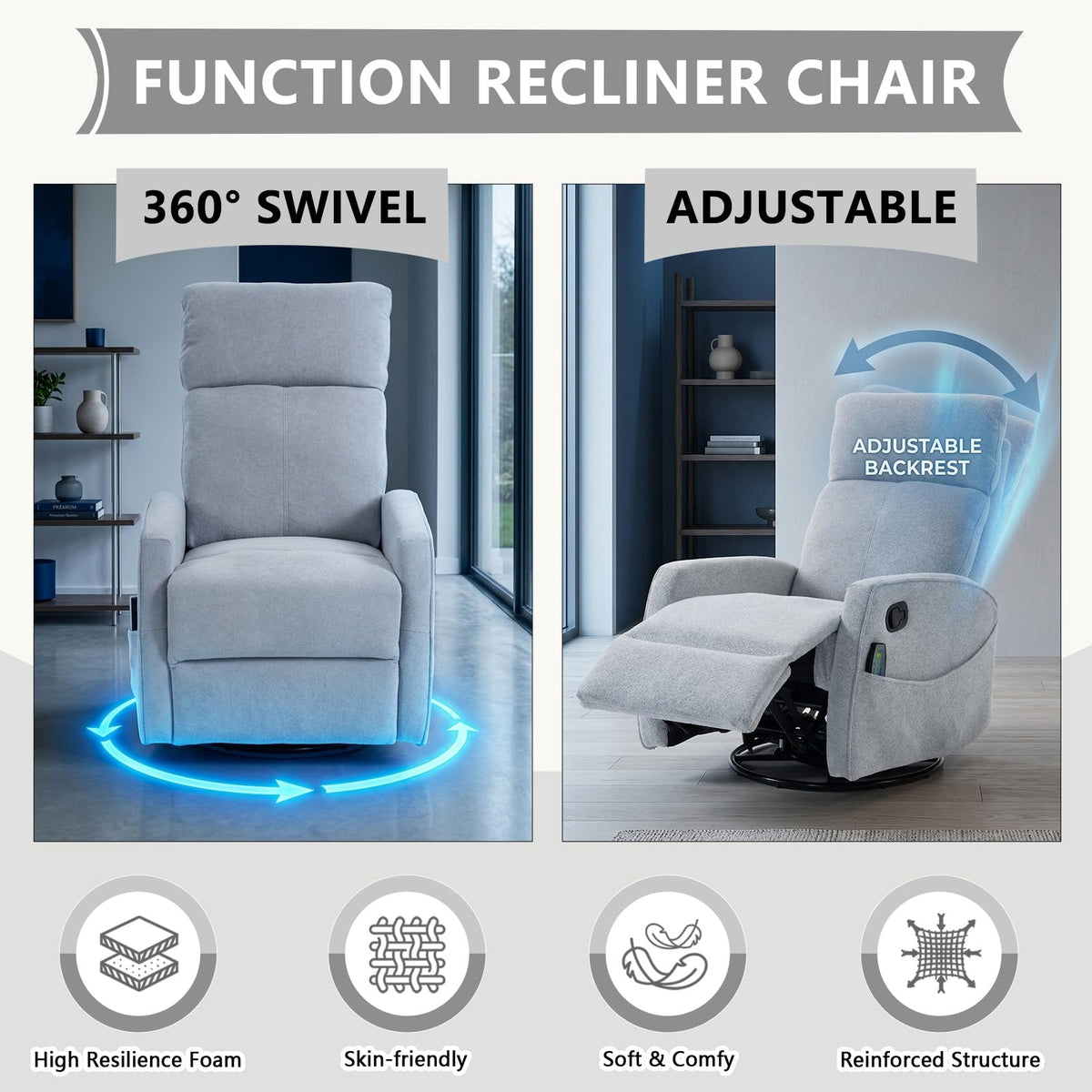 Small White Velvet Recliner Rocking Chair with Heat and Massage R3811