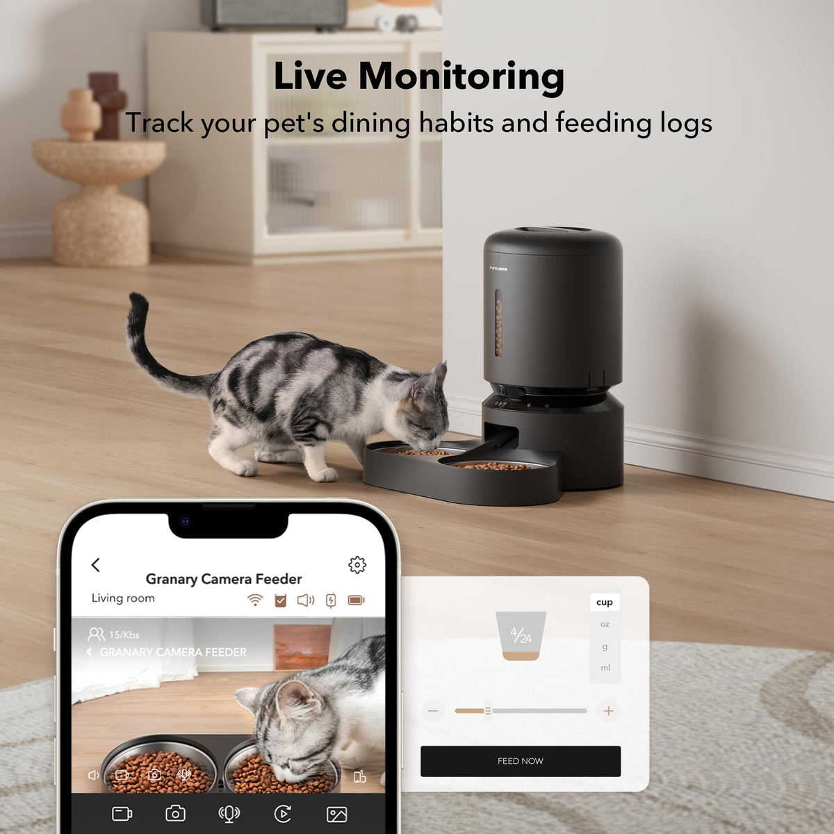 Automatic Cat Feeder with Camera, 1080P HD Video, 5G WiFi, 2-Way Audio, Dual Tray, Black 5L N114691