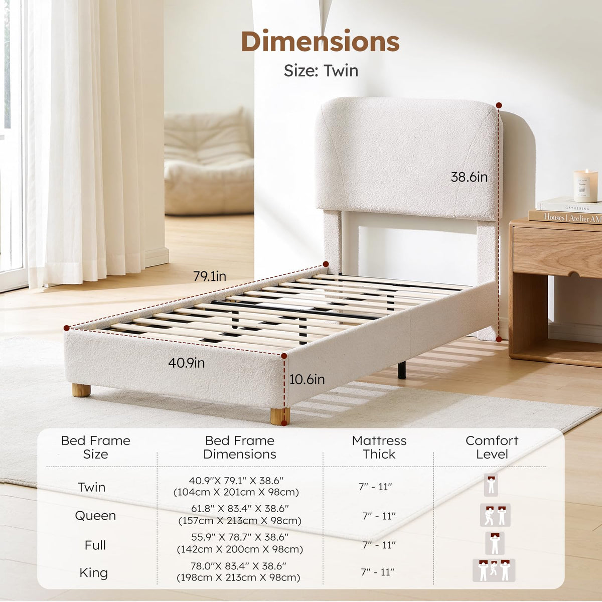 Twin Size Cream Boucle Platform Bed E75398