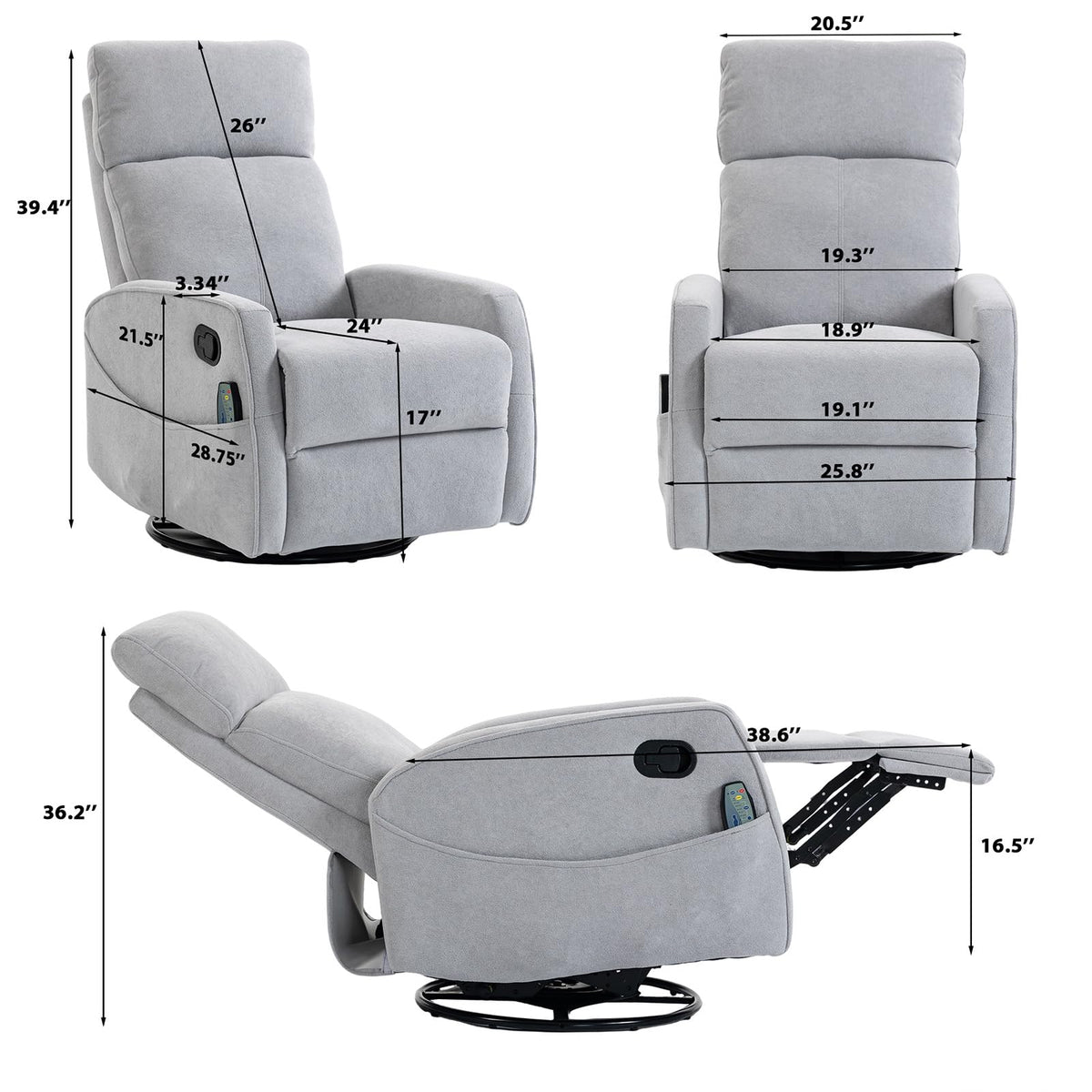 Small White Velvet Recliner Rocking Chair with Heat and Massage R3811