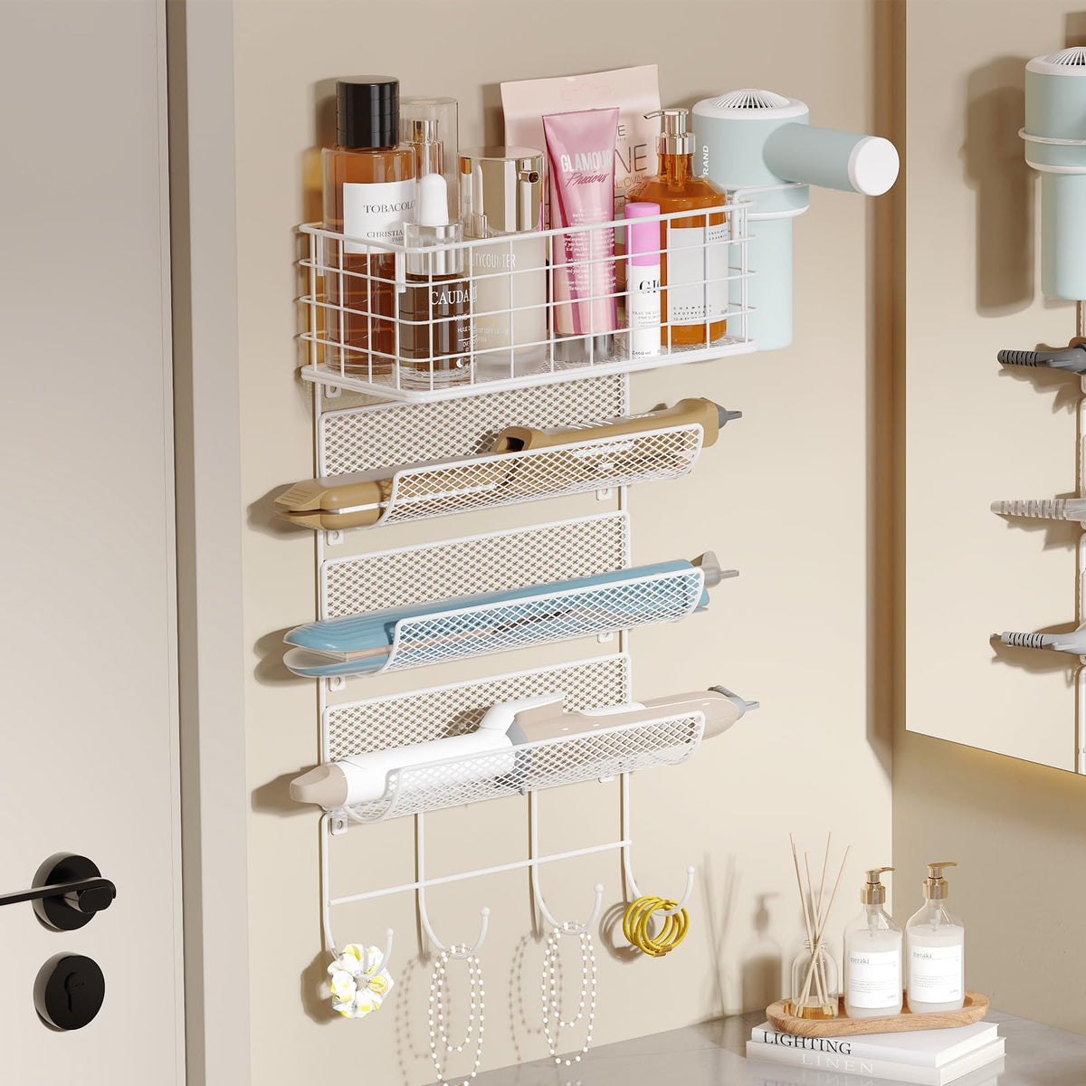 Wall-Mounted Hair Dryer Holder 4-Shelf White A6846