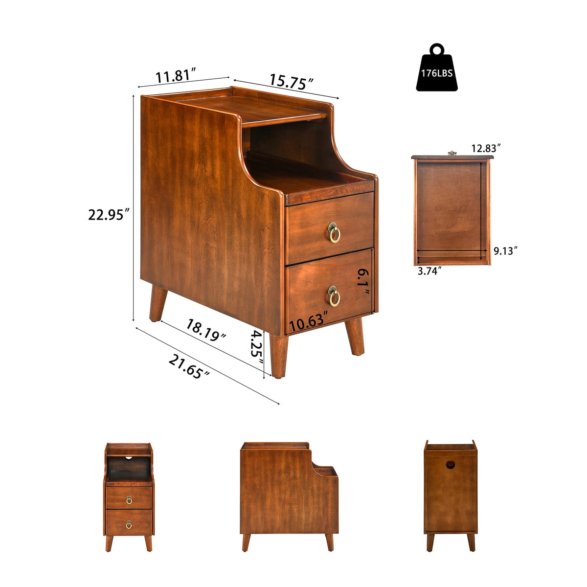 Solid Wood Narrow Nightstand with 2 Drawers I8471