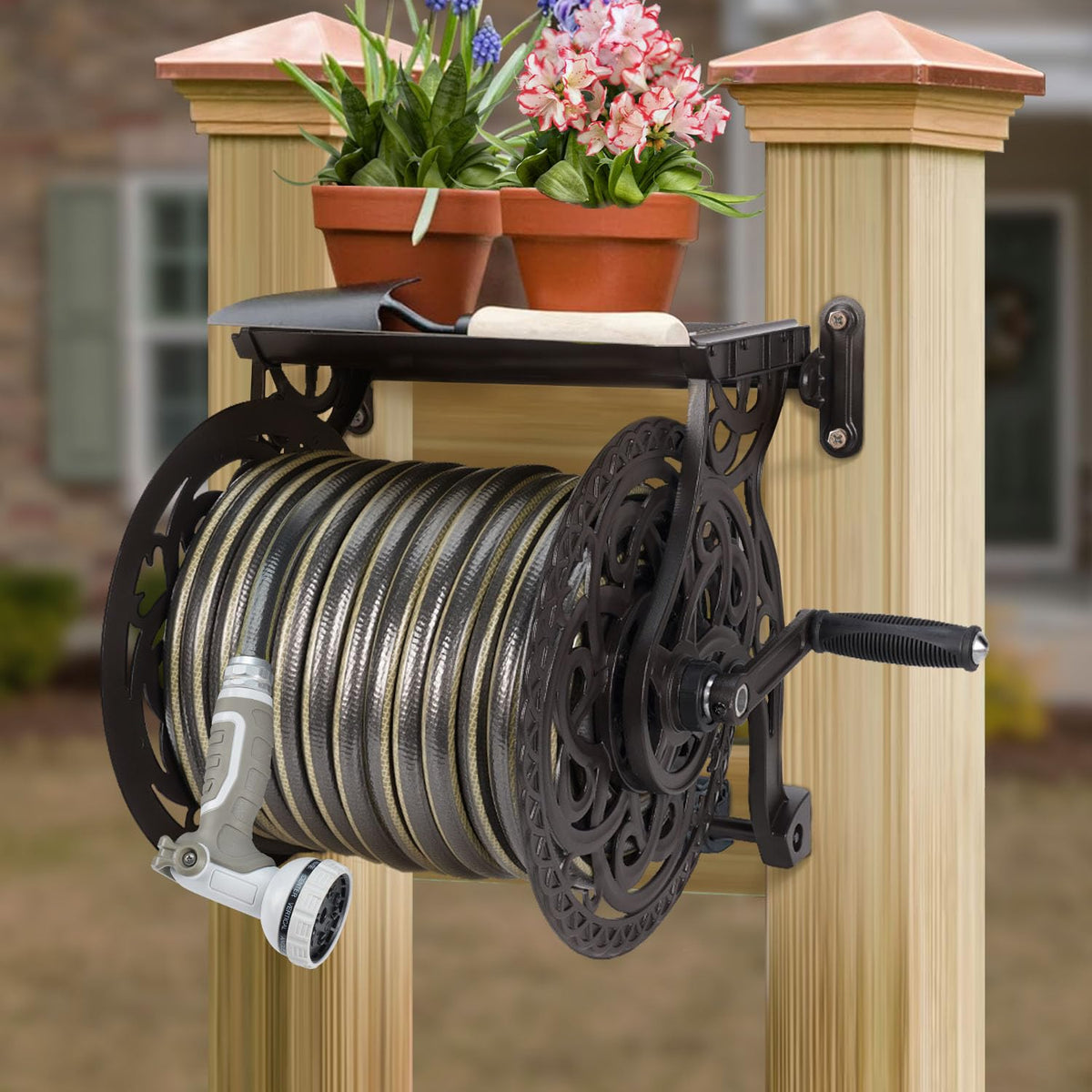 Metal Wall Mount Garden Hose Reel, Holds 125 ft x 5/8'' Hose, Dark Bronze E2344
