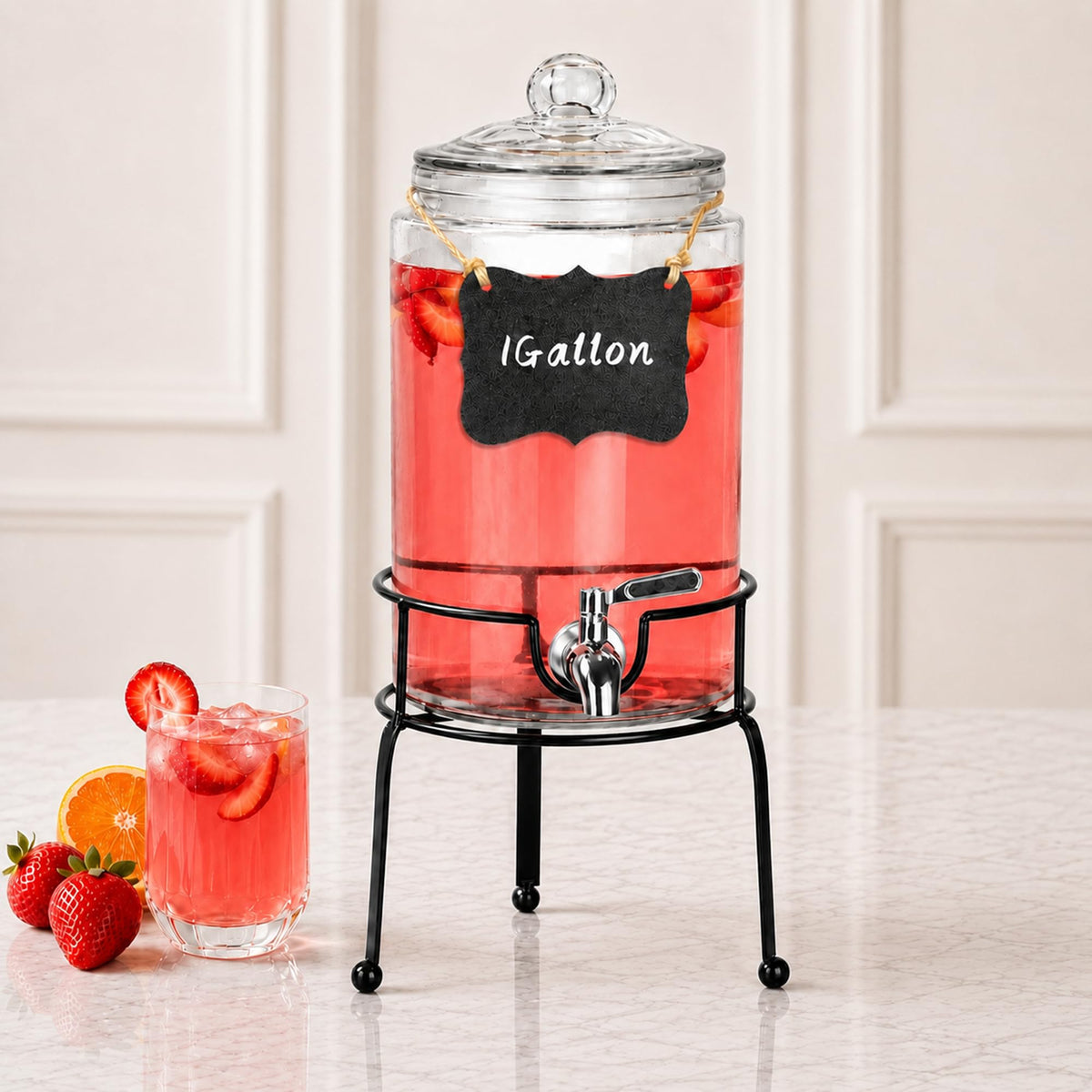 1 Gallon Clear Glass Beverage Dispenser with Stand J981418