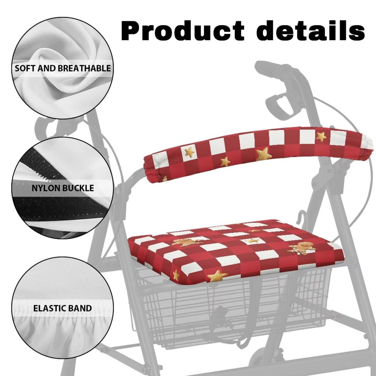 Red Lattice Rollator Walker Accessories Seat and Backrest Rollbar Covers Washable H432352