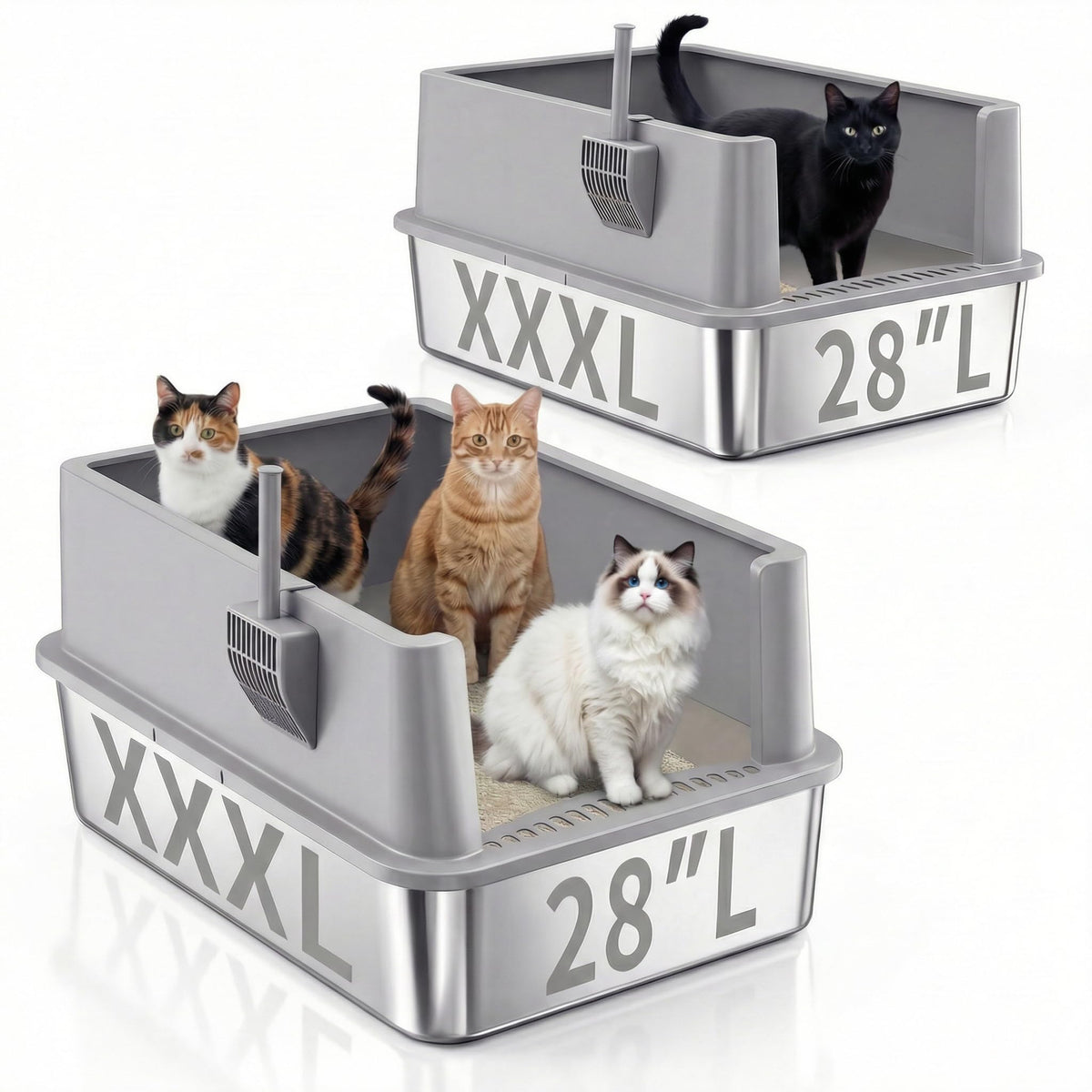 2 Pack 28" Extra Large Stainless Steel Cat Litter Boxes with Lid J92916