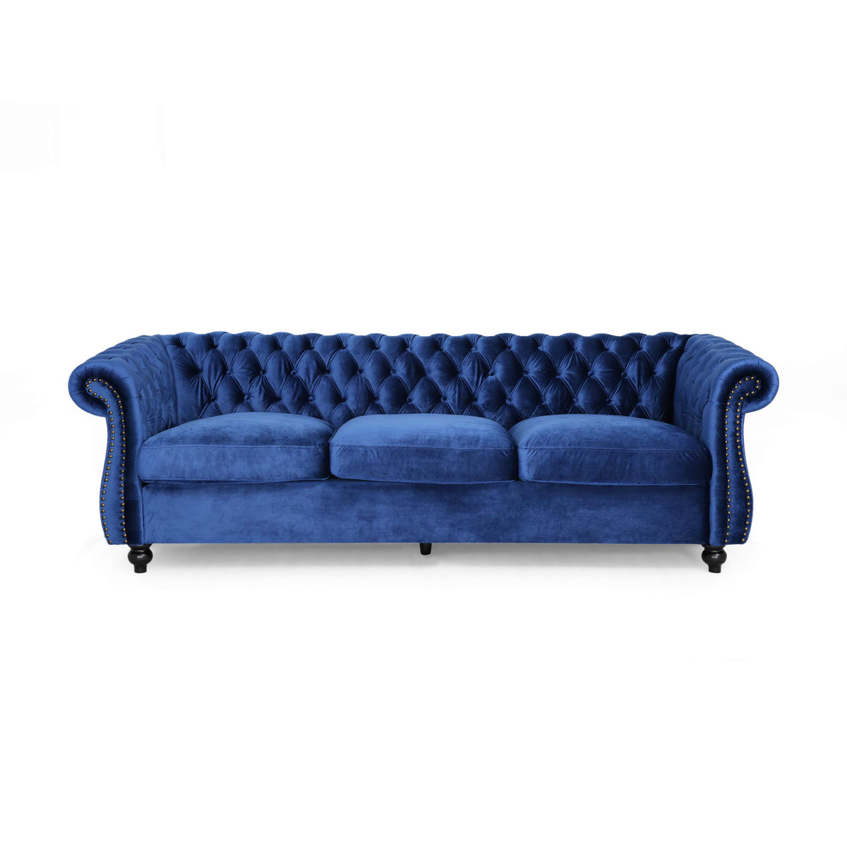 Navy Blue Velvet Sofa with Scroll Arms E8290