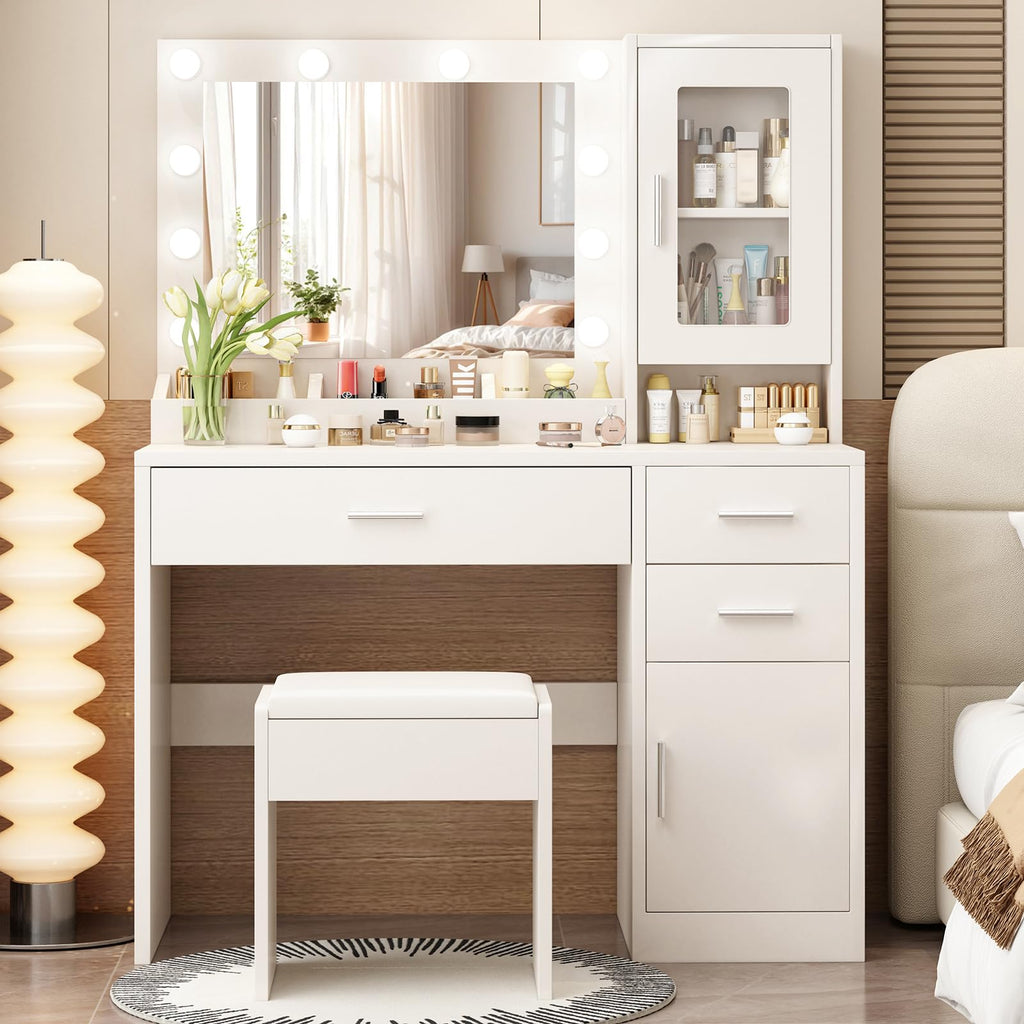 Makeup Vanity Desk Set with LED Lights Mirror Chair Q4120