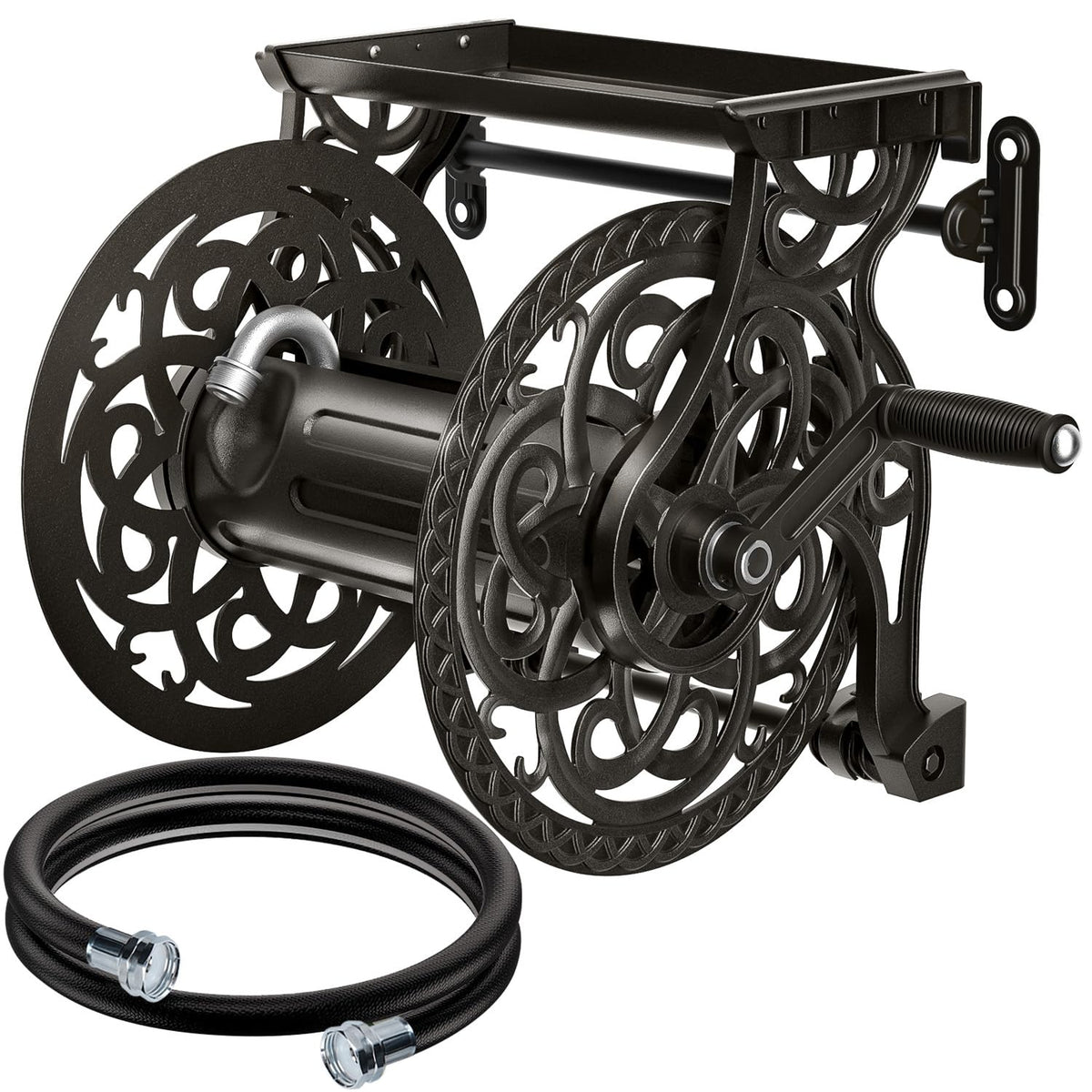Metal Wall Mount Garden Hose Reel, Holds 125 ft x 5/8'' Hose, Dark Bronze E2344