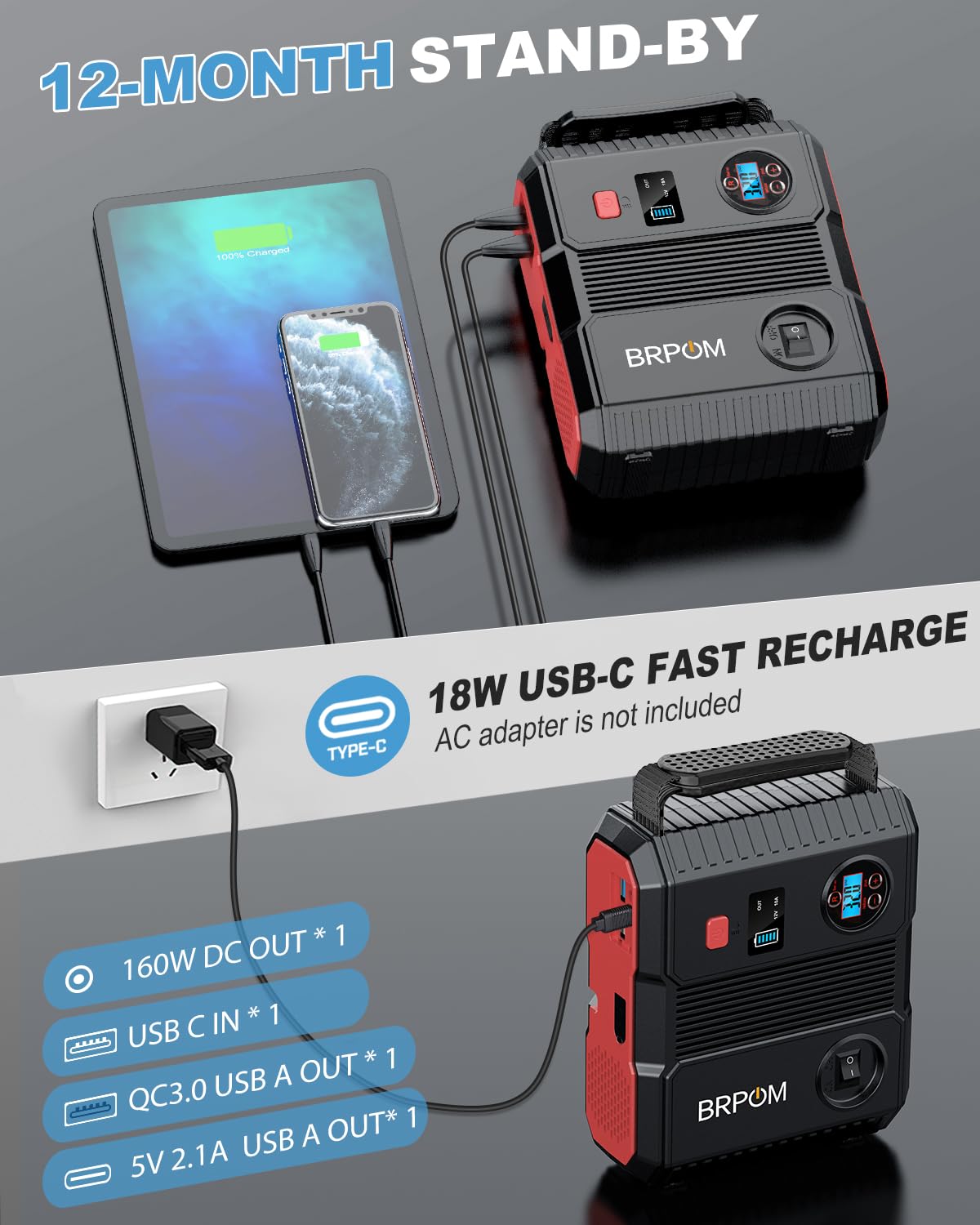 Car Jump Starter with Air Compressor 9000A Peak 26800mah 160PSI 12V I65522