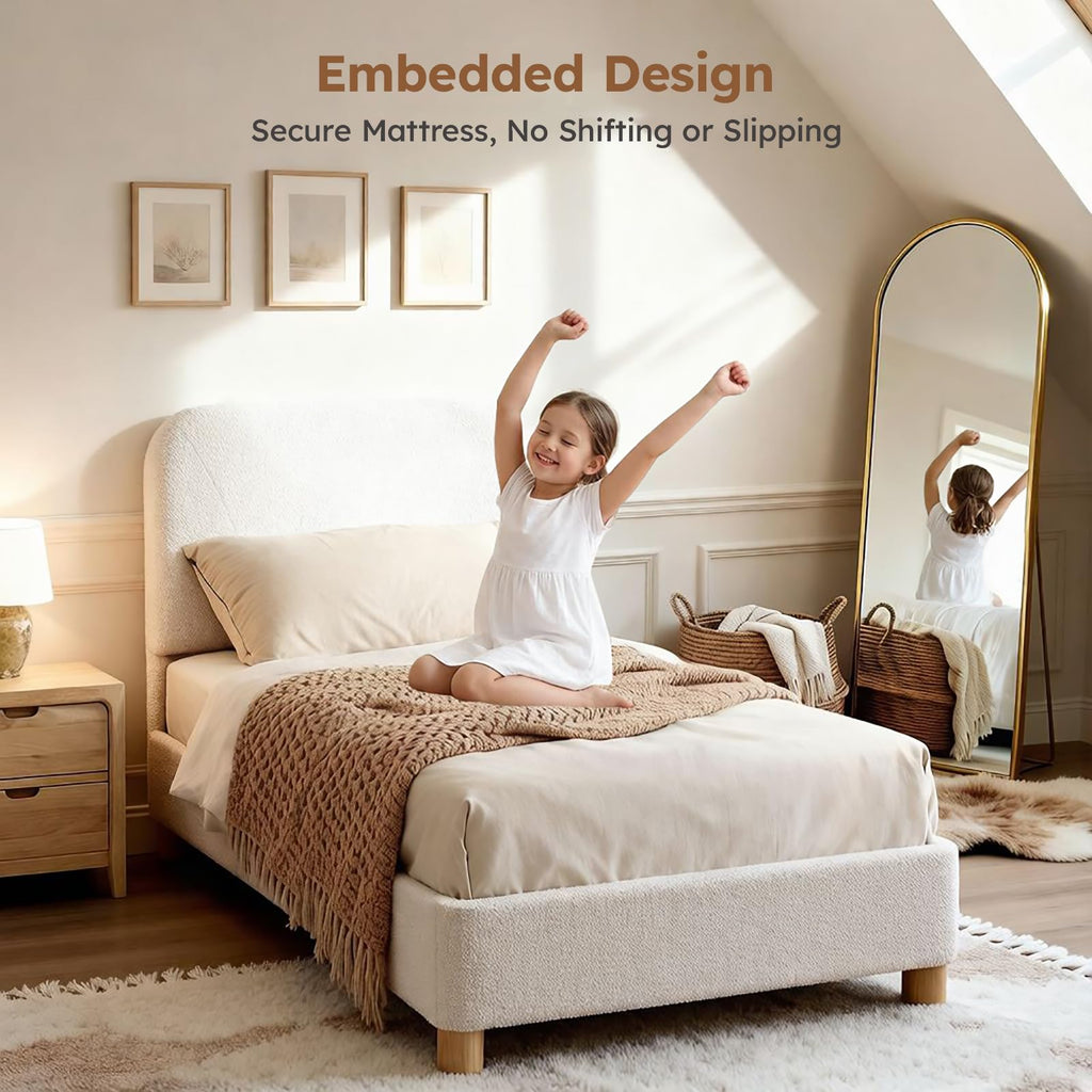 Twin Size Cream Boucle Platform Bed E75398
