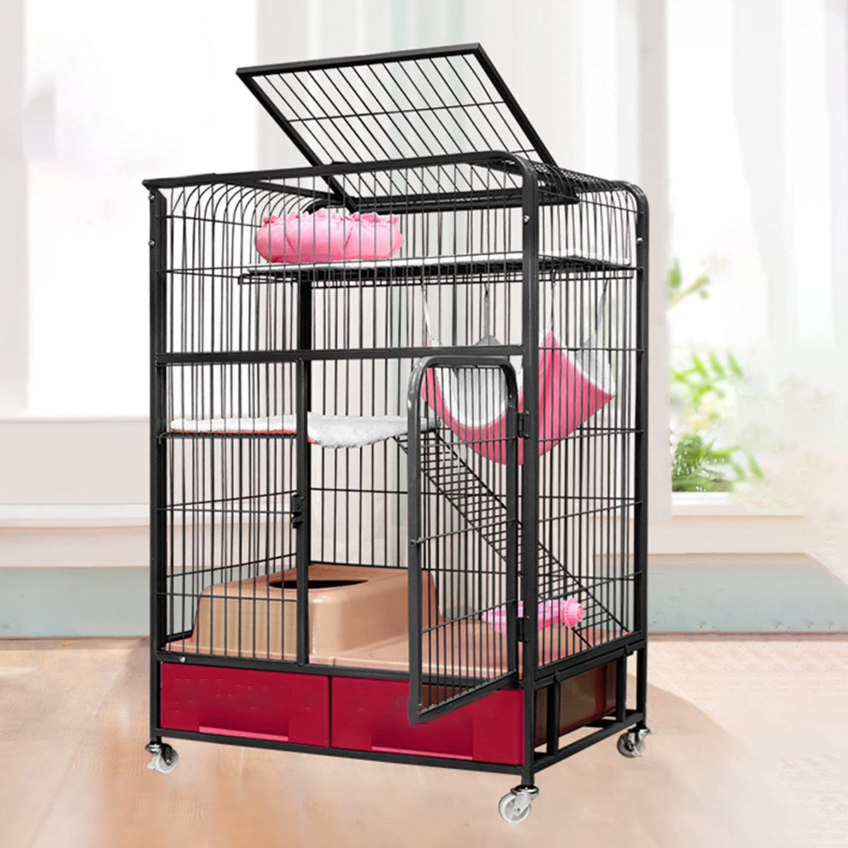 Heavy Duty Folding Metal Cat Cage Dog Crate with Four Wheels B193001