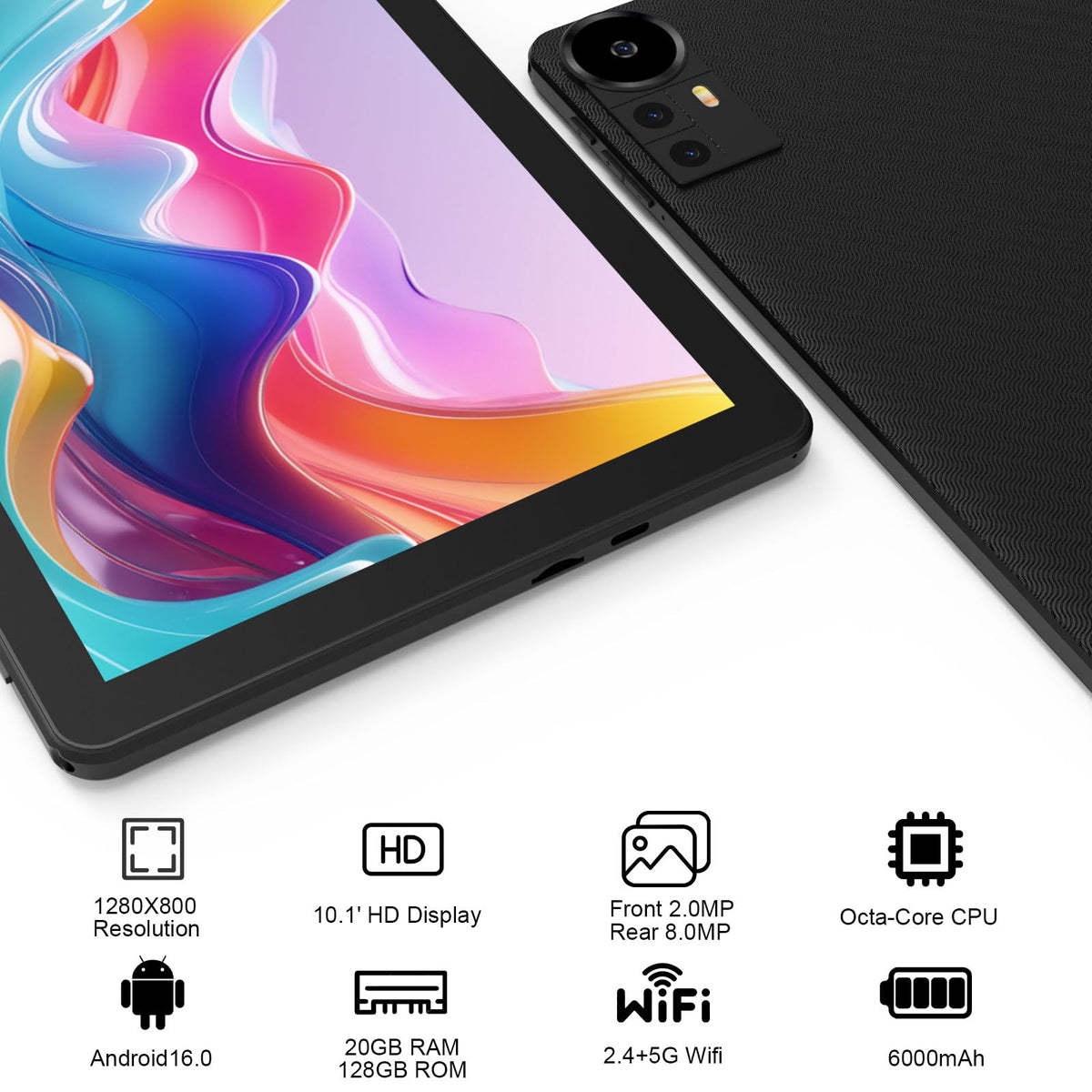 Android 16 Tablet 10 Inch 20GB RAM 128GB ROM Black I373