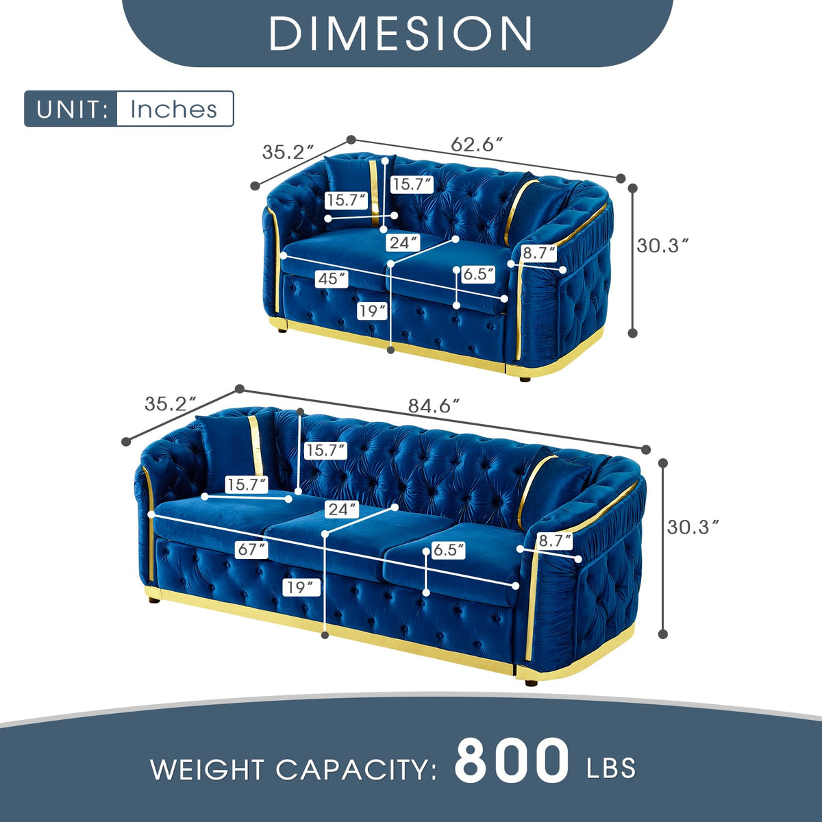 Navy Blue and Gold Velvet Sofa and Loveseat Set with 4 Pillows O69869