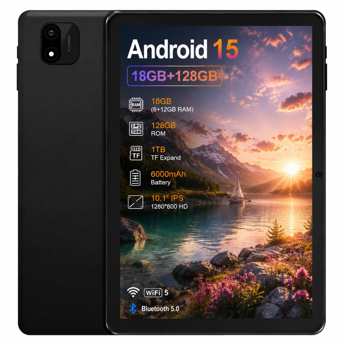 Android 15 Tablet, 10.1 Inch 18GB RAM 128GB ROM, 1TB Expandable, 1280 * 800 HD Display, 5G WiFi, BT5, 6000mAh Battery, GMS I500381