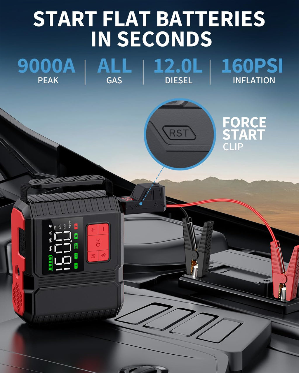 Car Jump Starter with Air Compressor 9000A Peak 26800mah 160PSI 12V I65522