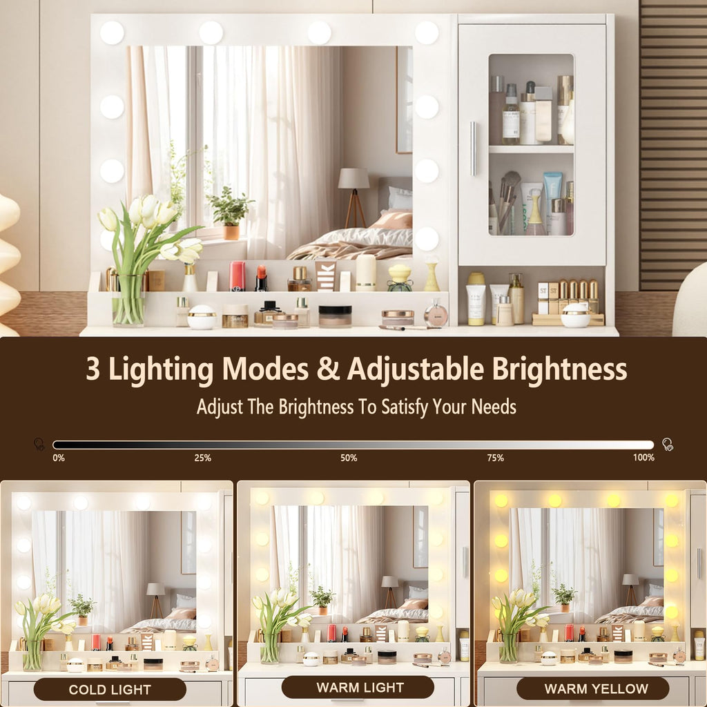 Makeup Vanity Desk Set with LED Lights Mirror Chair Q4120