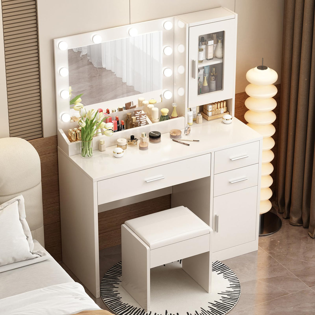 Makeup Vanity Desk Set with LED Lights Mirror Chair Q4120