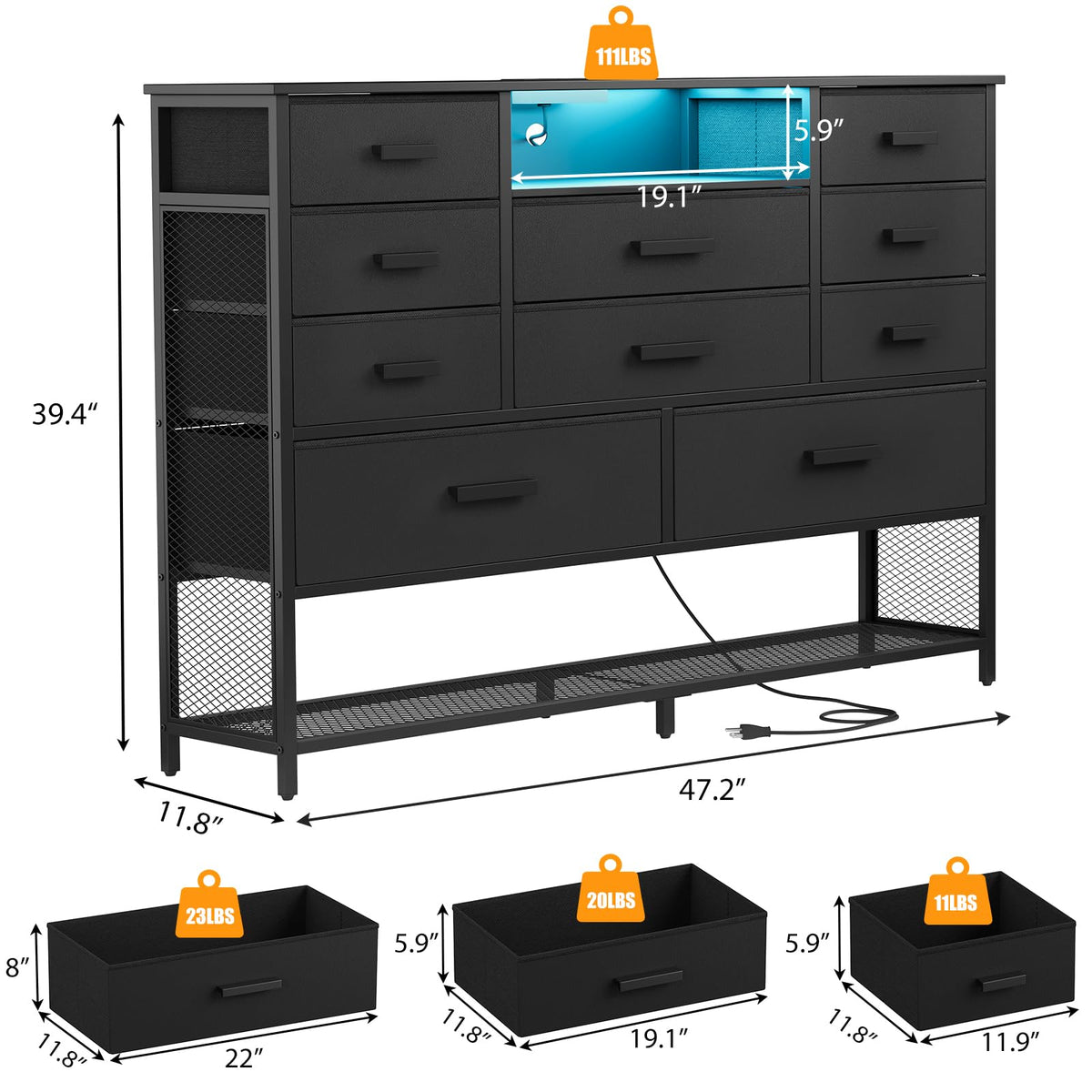 Black 10 Drawer Dresser with Charging Station and LED Light B92693