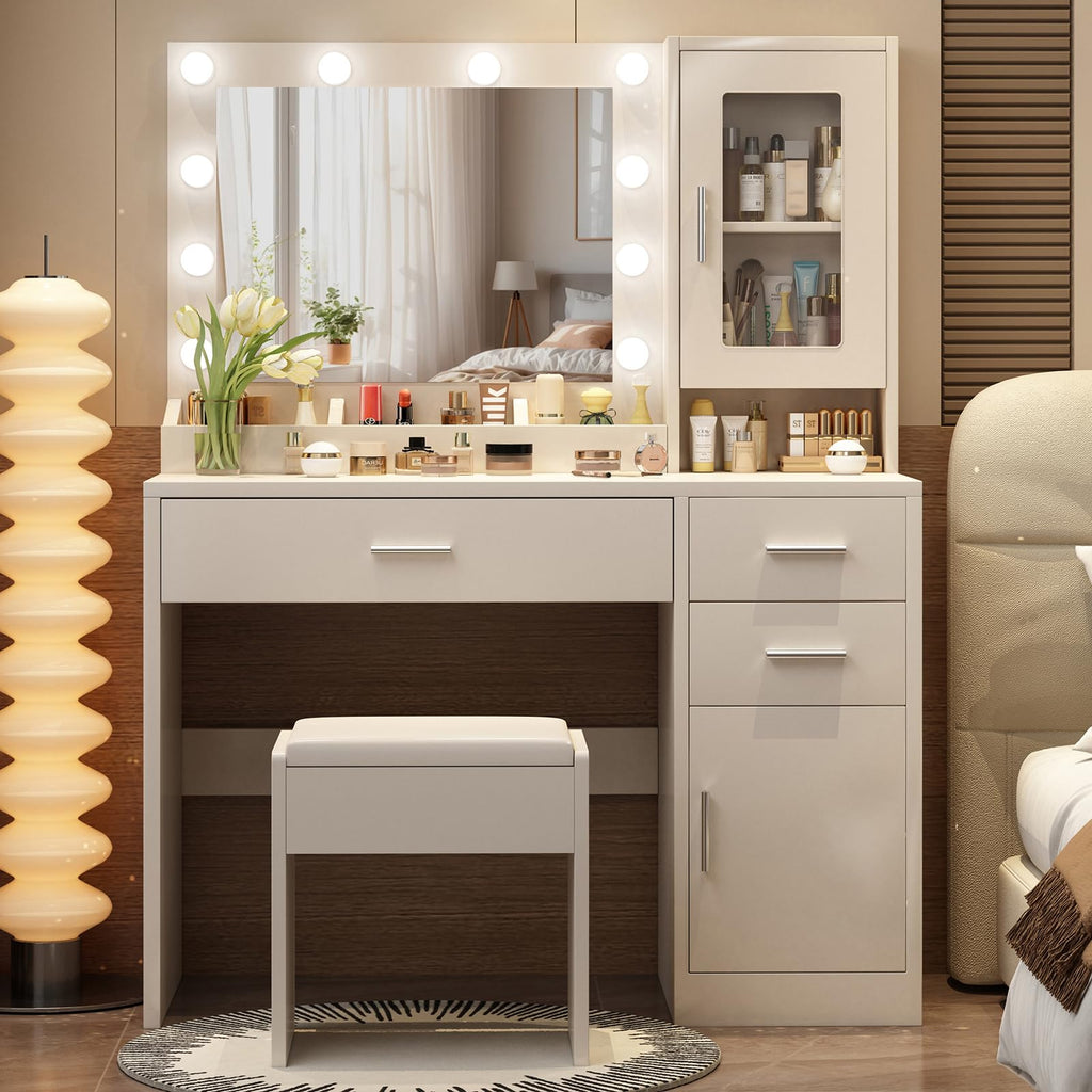 Makeup Vanity Desk Set with LED Lights Mirror Chair Q4120