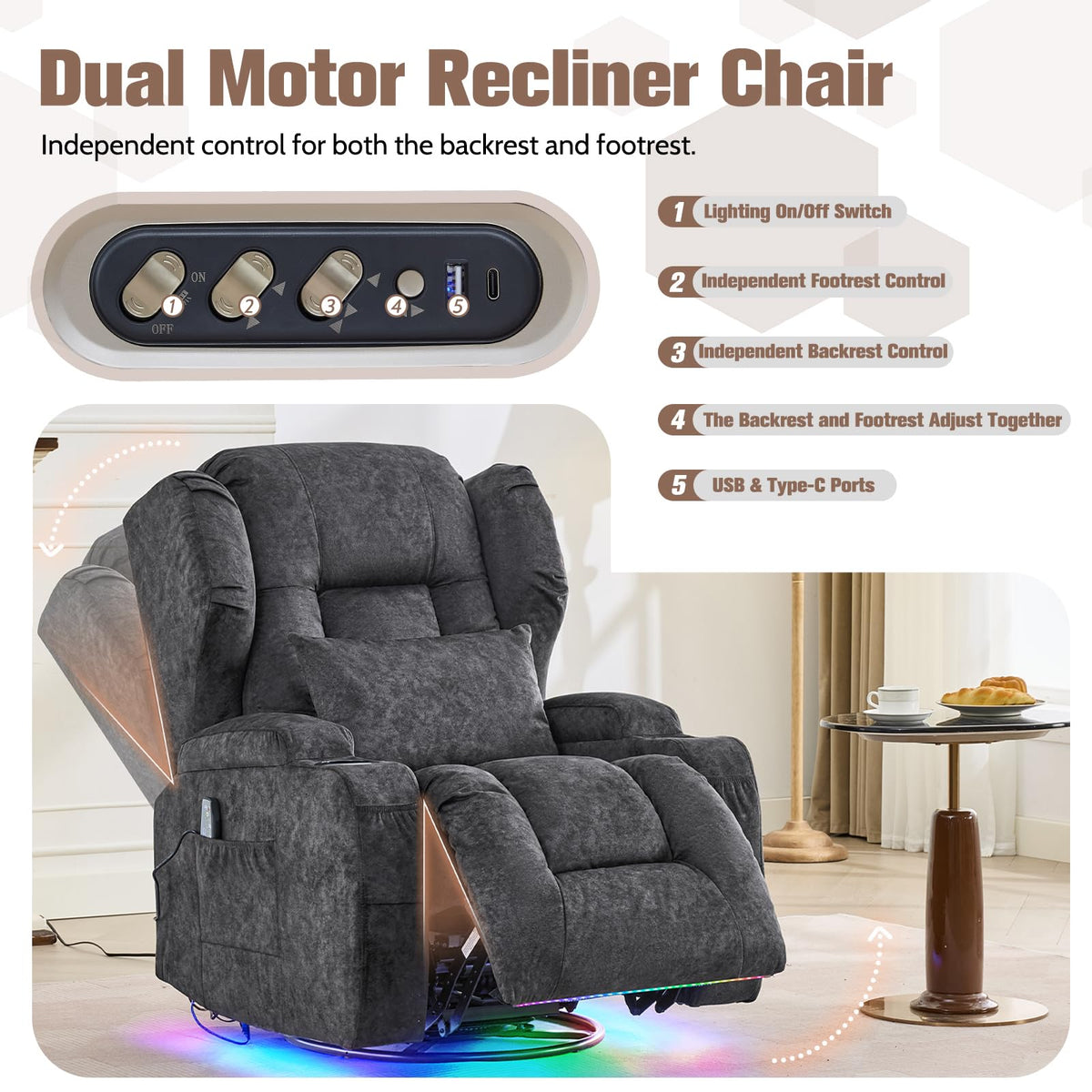 Velvet Gray Swivel Rocker Recliner with Massage and Heat F2667