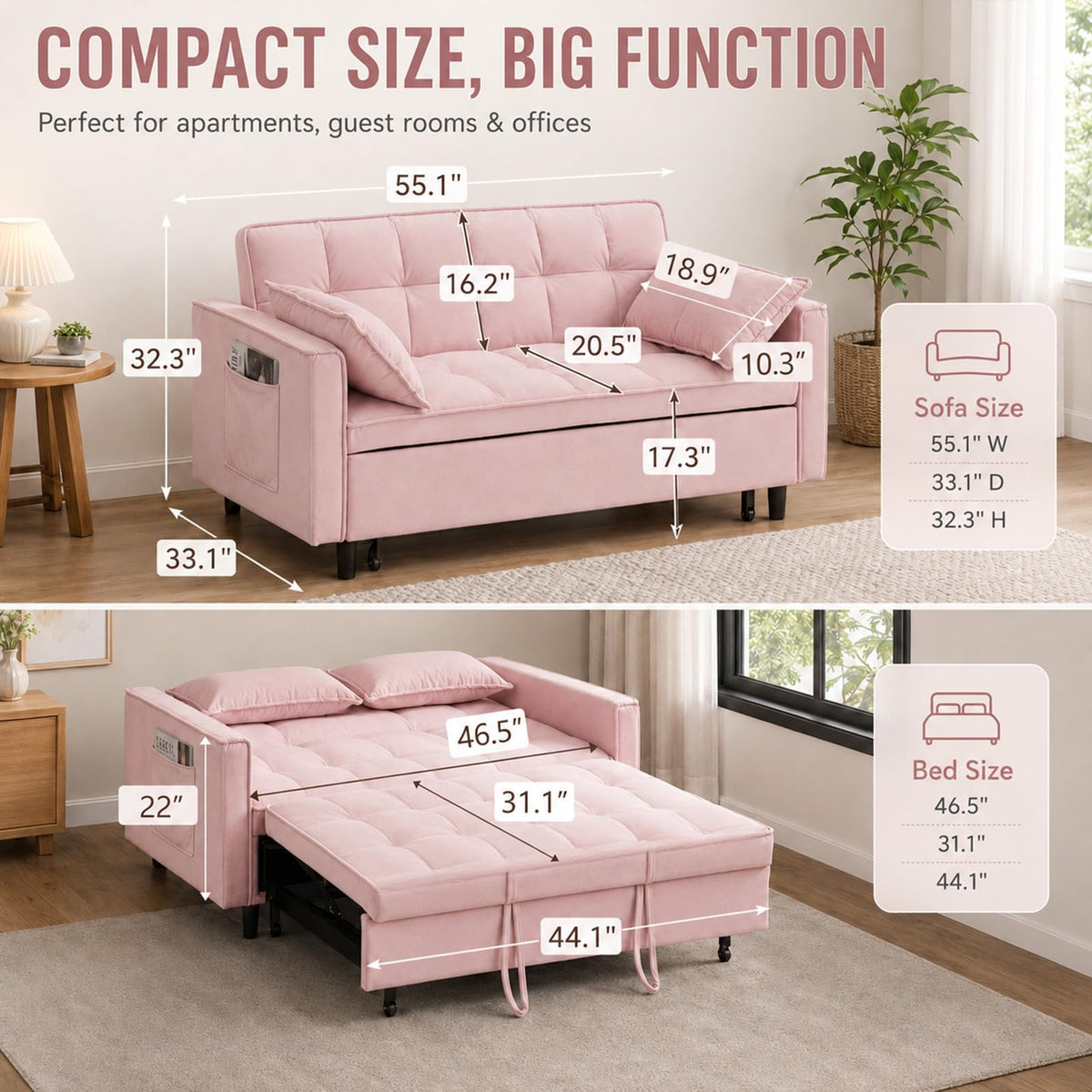 Velvet Convertible Sofa Bed B531