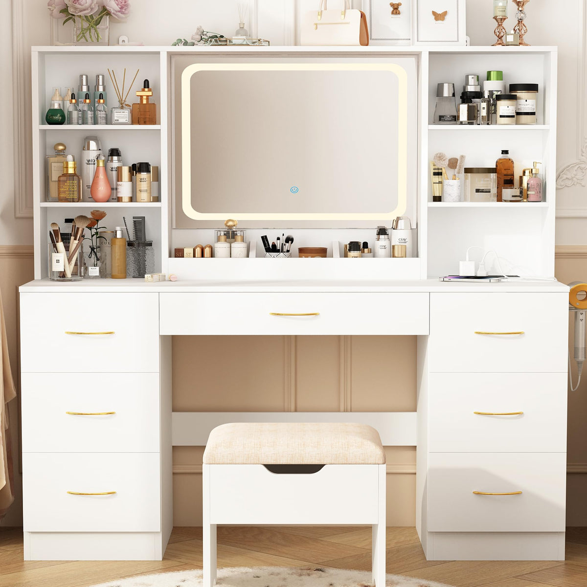 47" White Vanity Desk with Mirror and Lights L28127