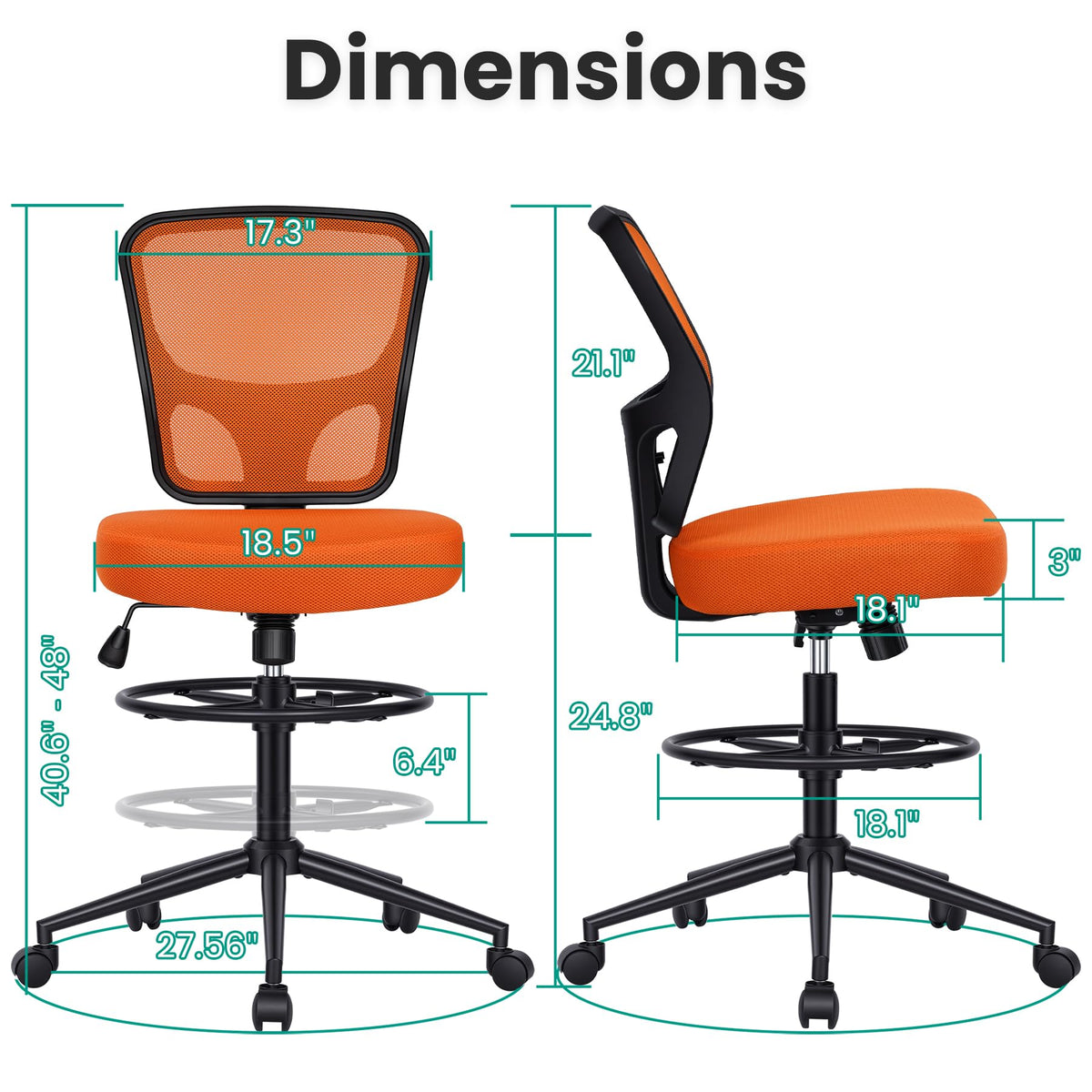 Armless Adjustable Height Mesh Drafting Chair with Foot Ring & Wheels S37941