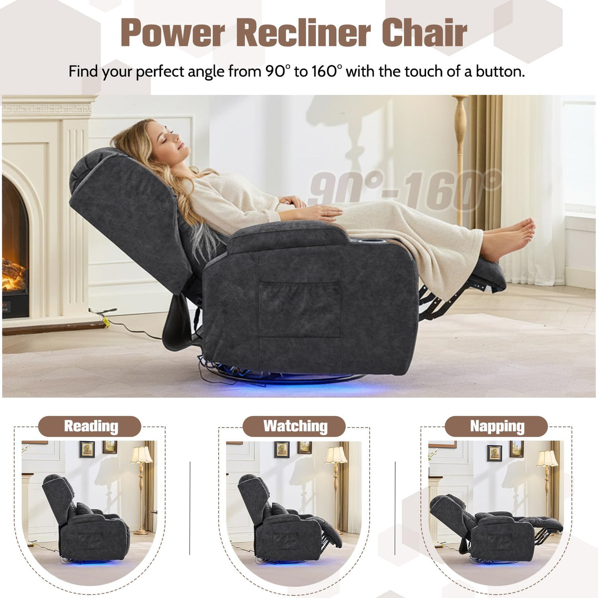 Velvet Gray Swivel Rocker Recliner with Massage and Heat F2667