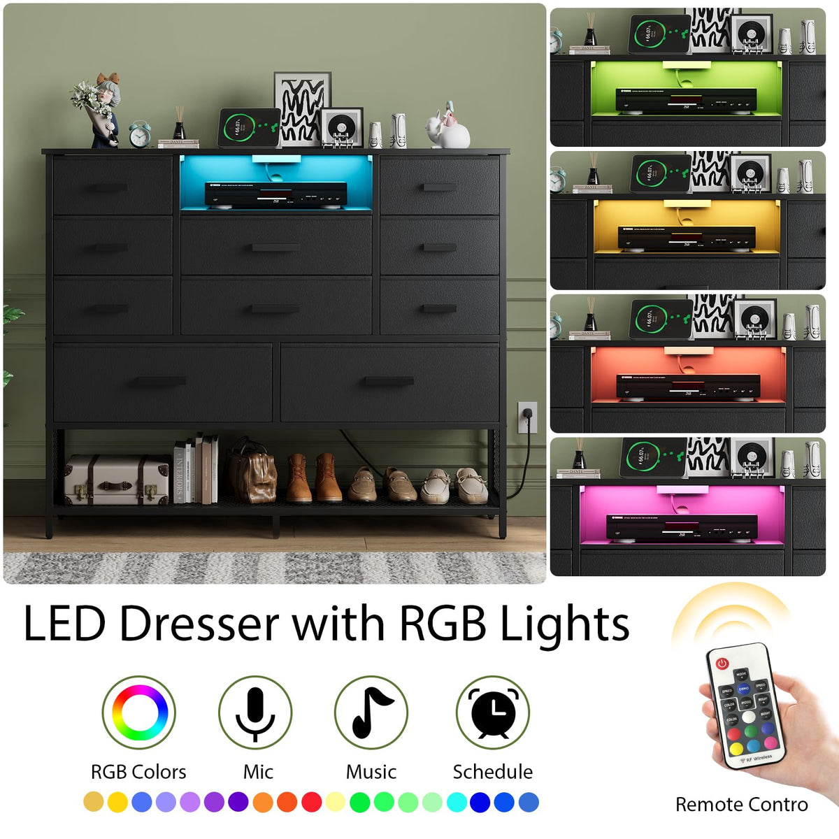Black 10 Drawer Dresser with Charging Station and LED Light B92693