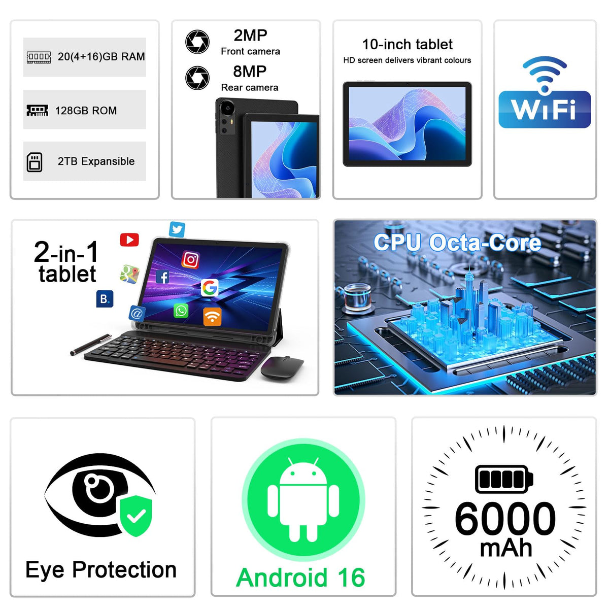 Android 16 Tablet 10 Inch 20GB RAM 128GB ROM Black I373