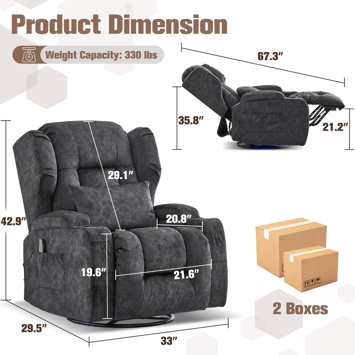 Velvet Gray Swivel Rocker Recliner with Massage and Heat F2667