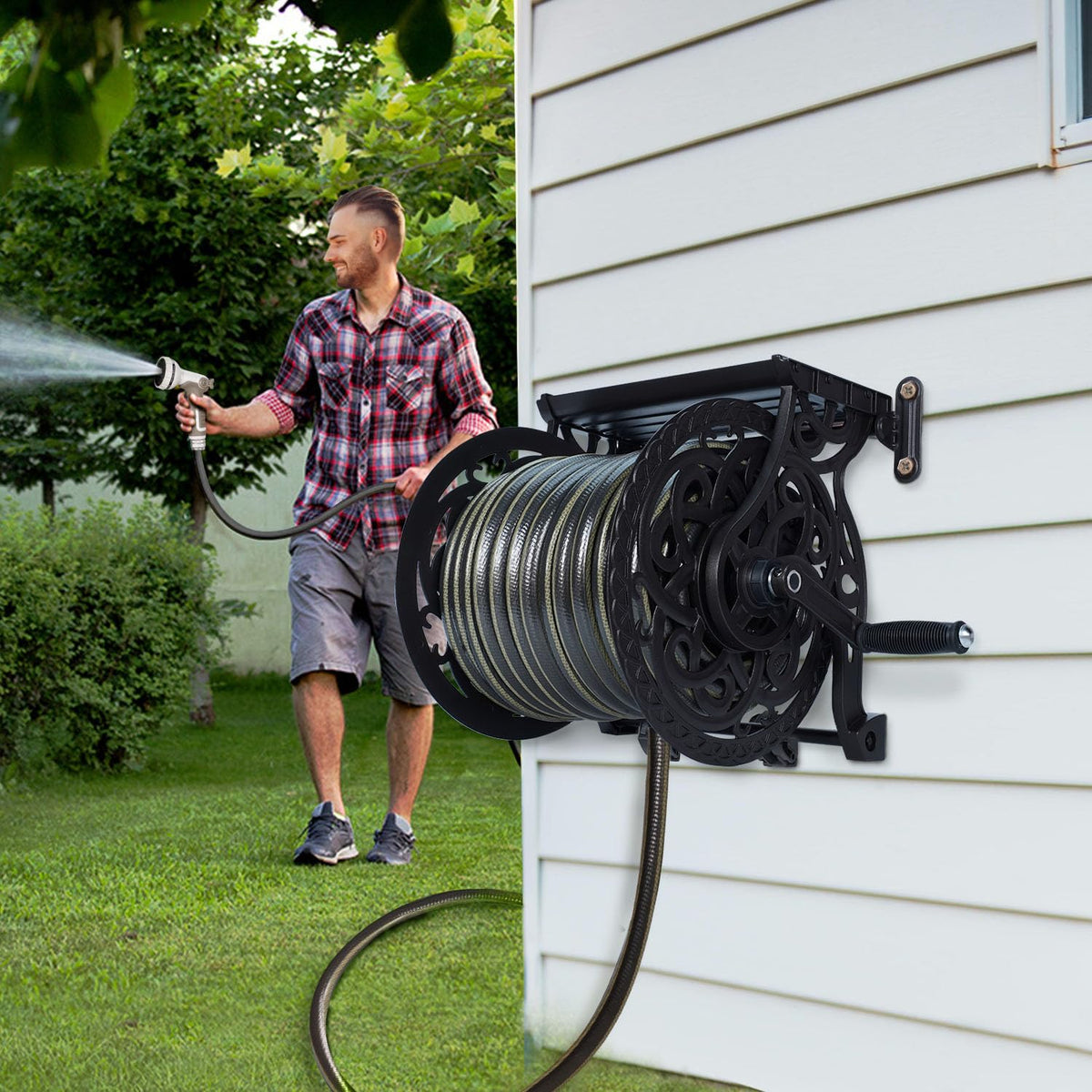 Metal Wall Mount Garden Hose Reel, Holds 125 ft x 5/8'' Hose, Dark Bronze E2344