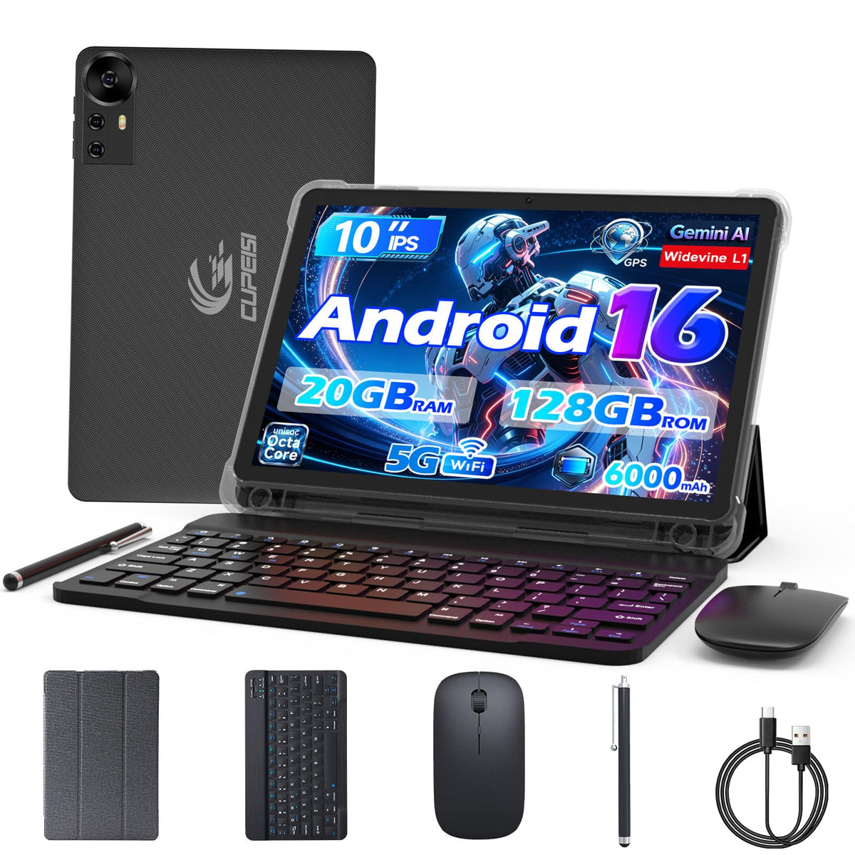 Android 16 Tablet 10 Inch 20GB RAM 128GB ROM Black I373