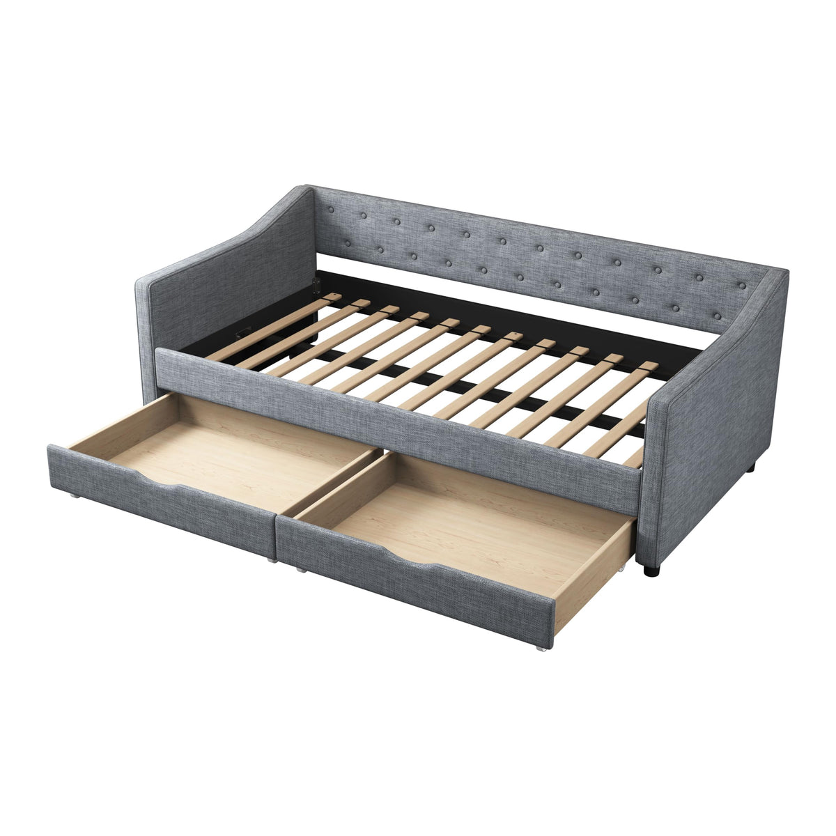 Twin Size Light Grey Linen Upholstered Wood Daybed with Two Drawers P849