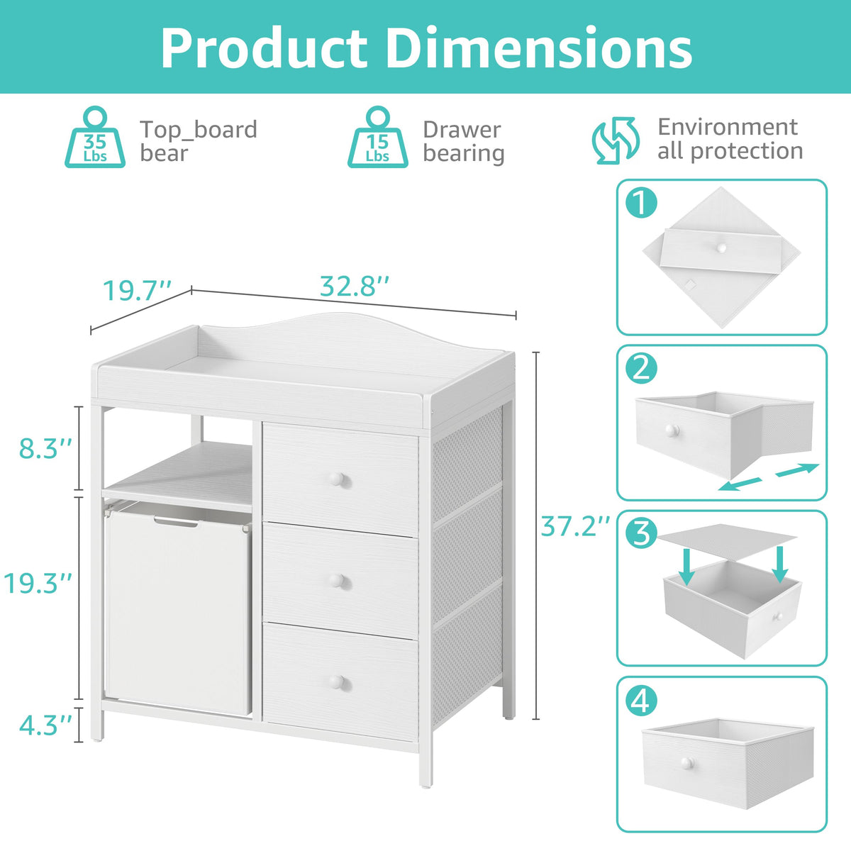 White Changing Table with 3 Fabric Drawers and Laundry Hamper Q681419