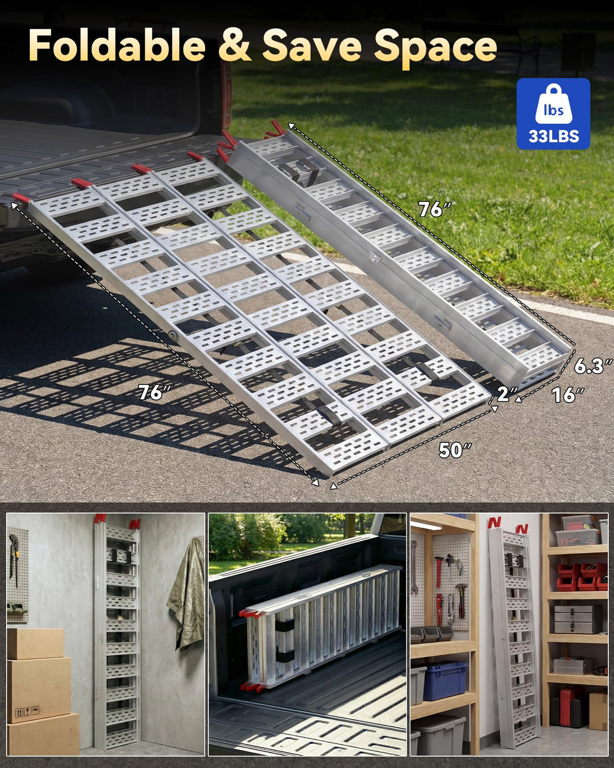 Tri-Fold Aluminum Loading Ramp, 1500 lbs Capacity, 76''L × 50''W Y44130