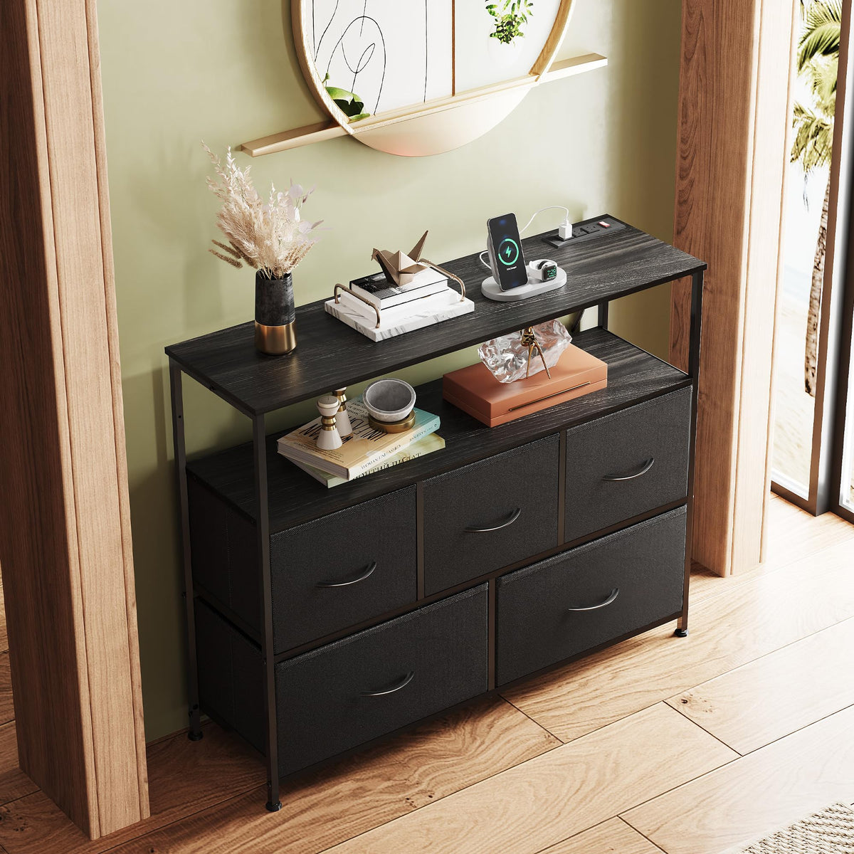 Black 5 Drawer Fabric Dresser V696