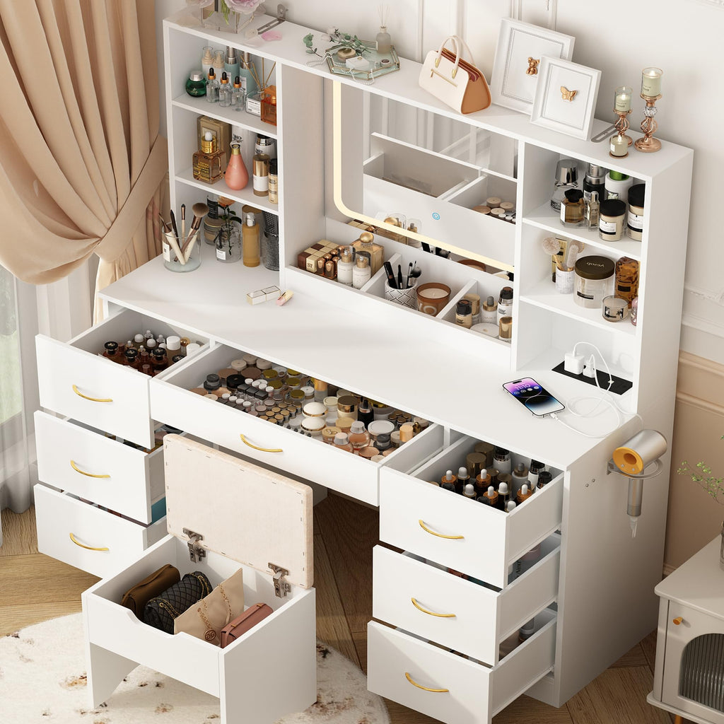 47" White Vanity Desk with Mirror and Lights L28127