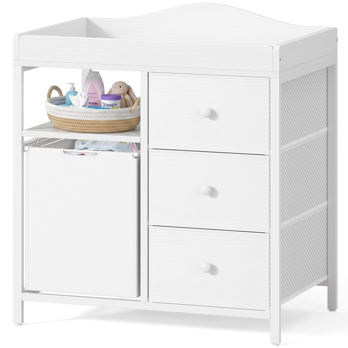 White Changing Table with 3 Fabric Drawers and Laundry Hamper Q681419